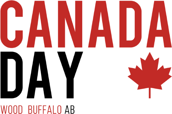 加拿大 桌布 壁紙 — 粗體紅色文字顯示CANADA和WOOD BUFFALO，並帶有楓葉圖標，背景為黑色。