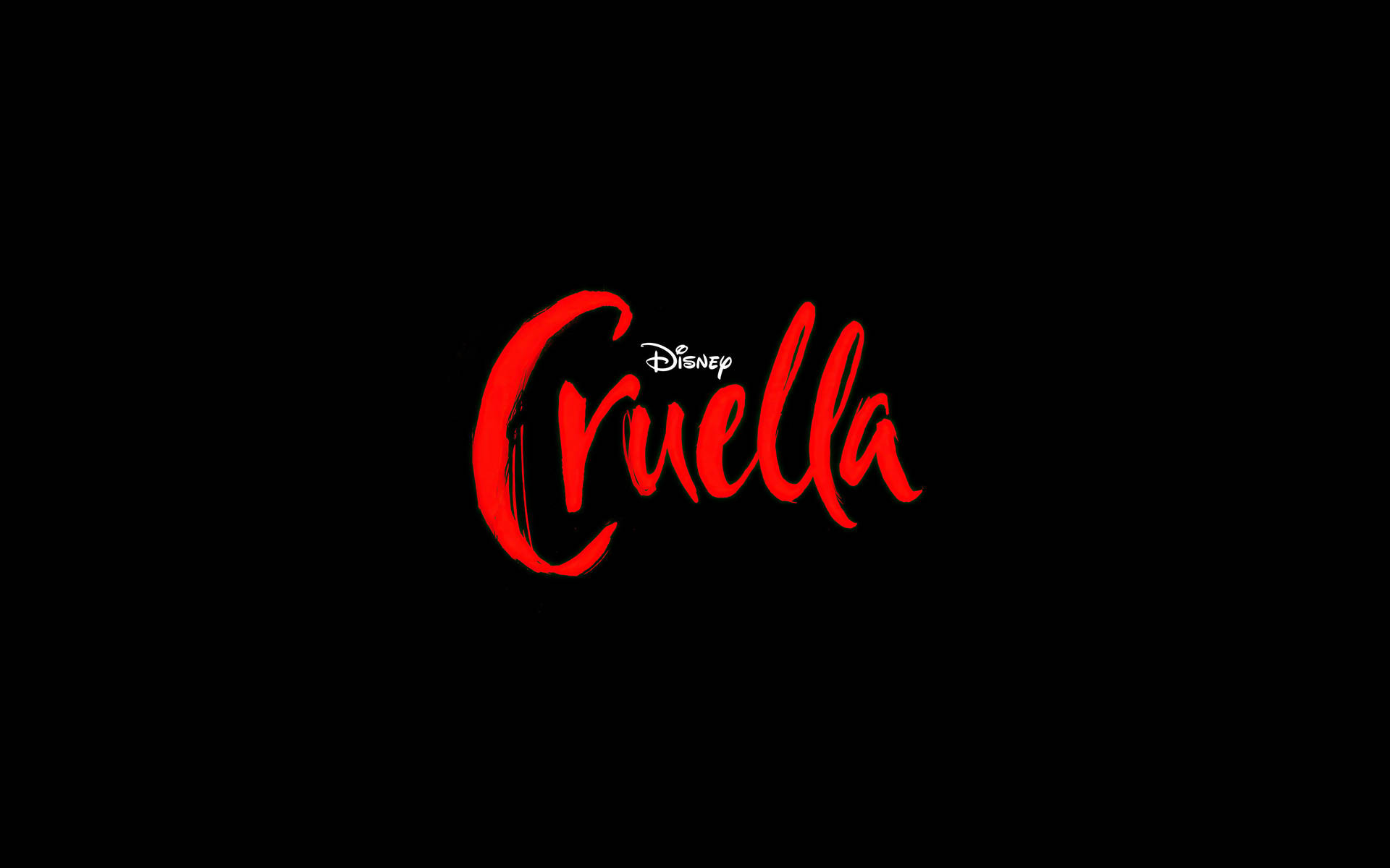 迪士尼反派 桌布 壁紙 — 粗體紅色斜體Cruella標題，Disney標誌居中於純黑背景上。