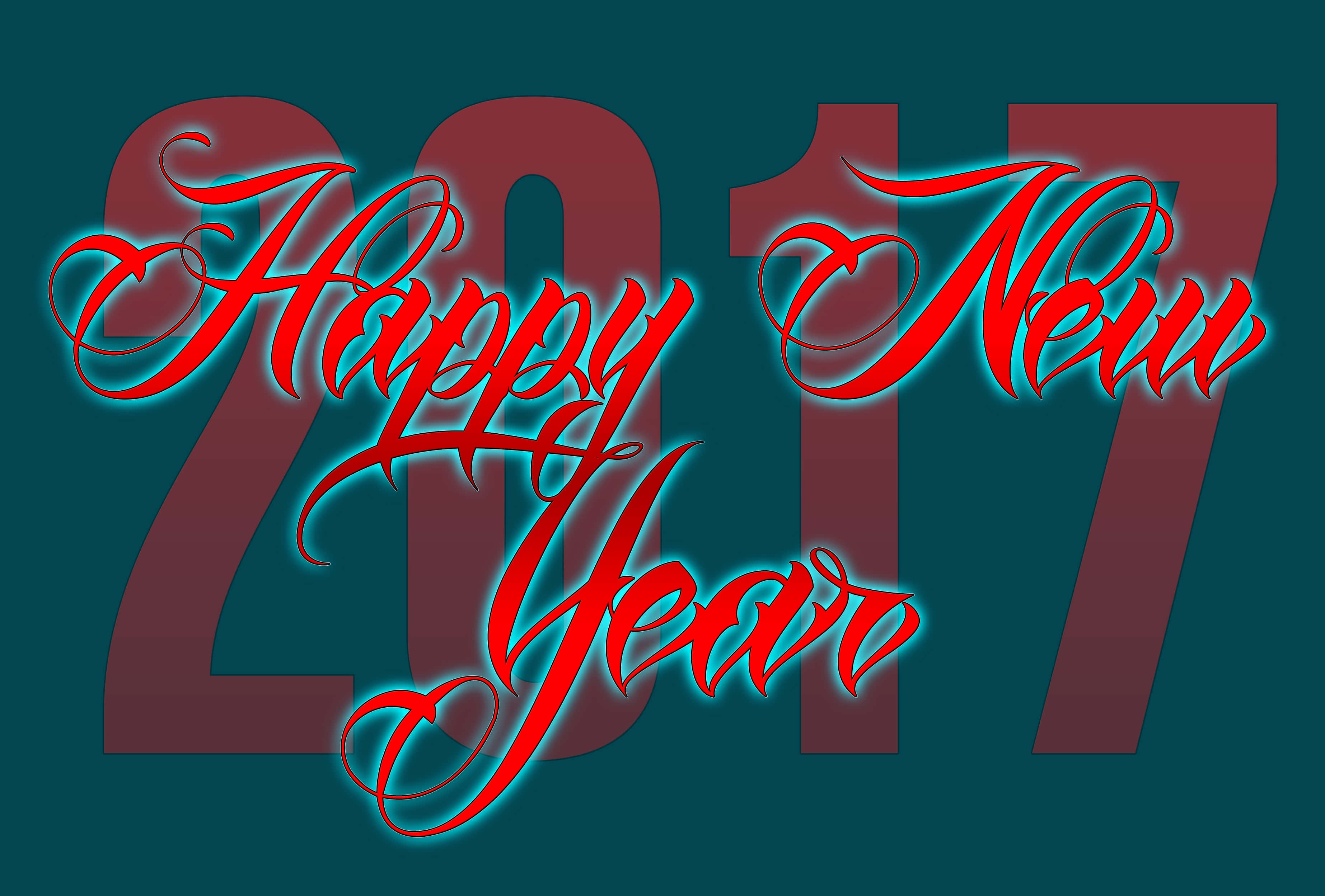 新年快樂 桌布 壁紙 — 粗體紅色草書「Happy New Year」文字帶有發光青色輪廓，覆蓋在青色背景上的大型酒紅色「2017」數字上。