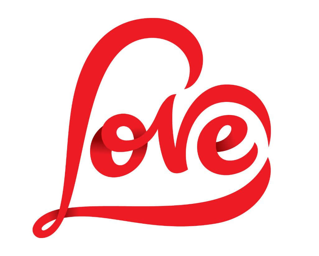 愛心 桌布 壁紙 — 粗體紅色草書的「Love」一詞在潔白背景上形成心形。