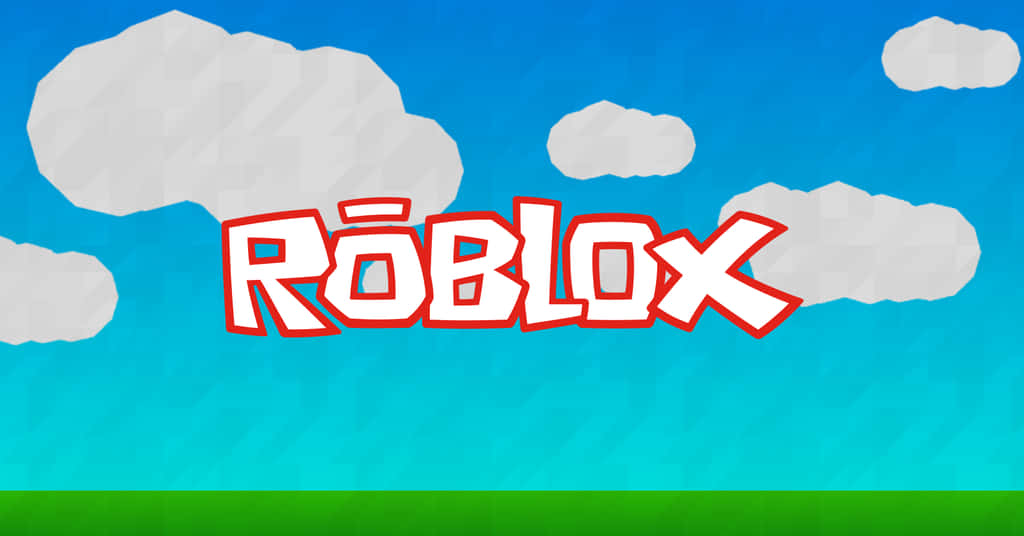 Roblox 桌布 壁紙 — 粗體紅色輪廓的 Roblox 標誌漂浮在明亮的藍天中，下方有風格化的白雲和綠草。