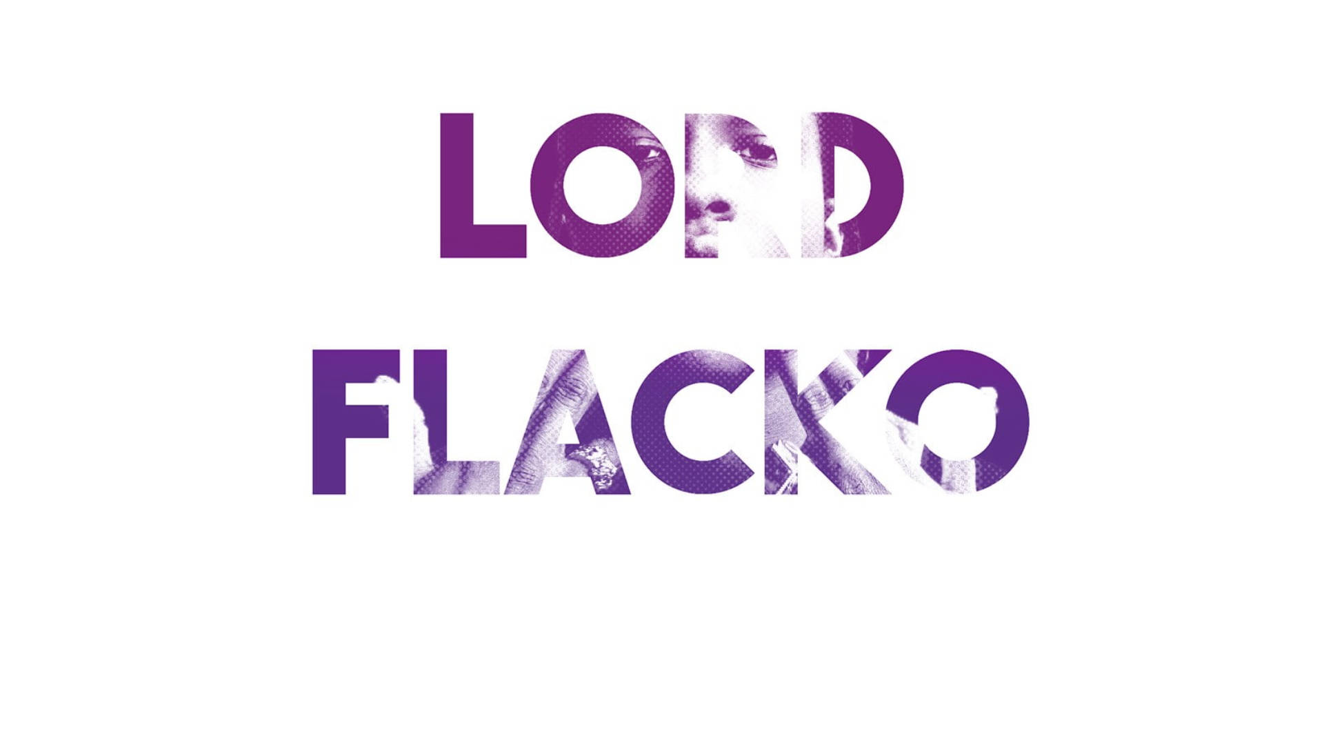 rocky 桌布 壁紙 — 粗體紫色文字 LORD FLACKO，字母內嵌有灰階臉部碎片，背景為純白色。