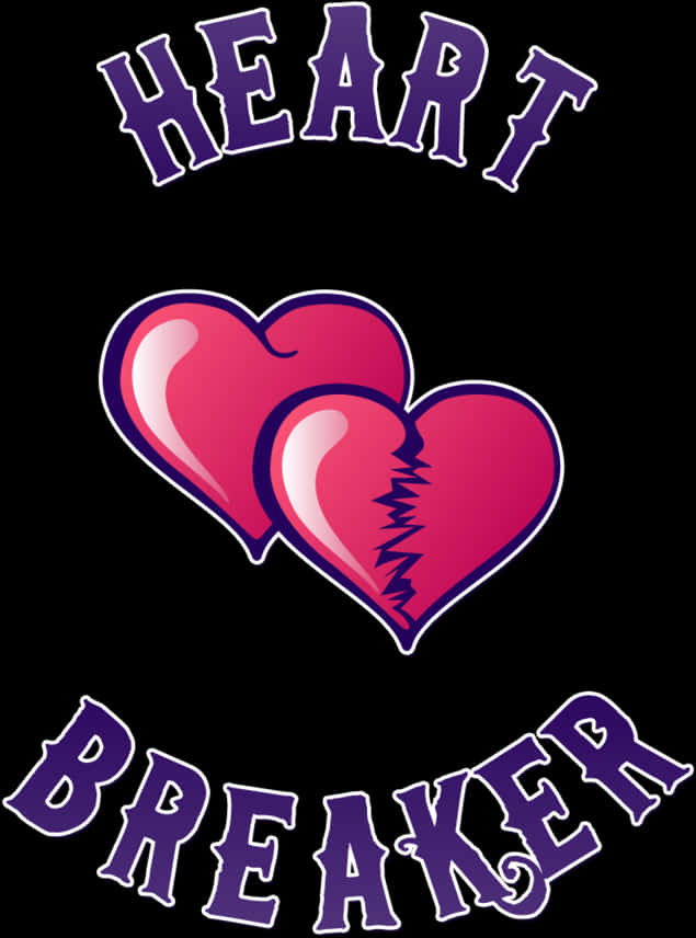 Heart Tattoo 桌布 壁紙 — 粗體紫色文字在黑色背景上，於一分為二的粉紅色心形上下寫著 heart breaker。