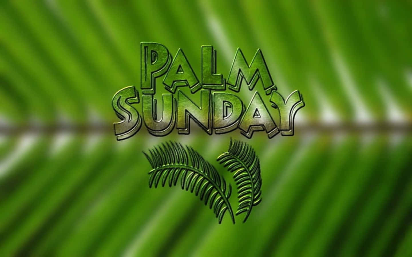 美學 桌布 壁紙 — 粗體綠色 'PALM SUNDAY' 文字，棕櫚葉圖案疊加在模糊的熱帶葉子背景上。