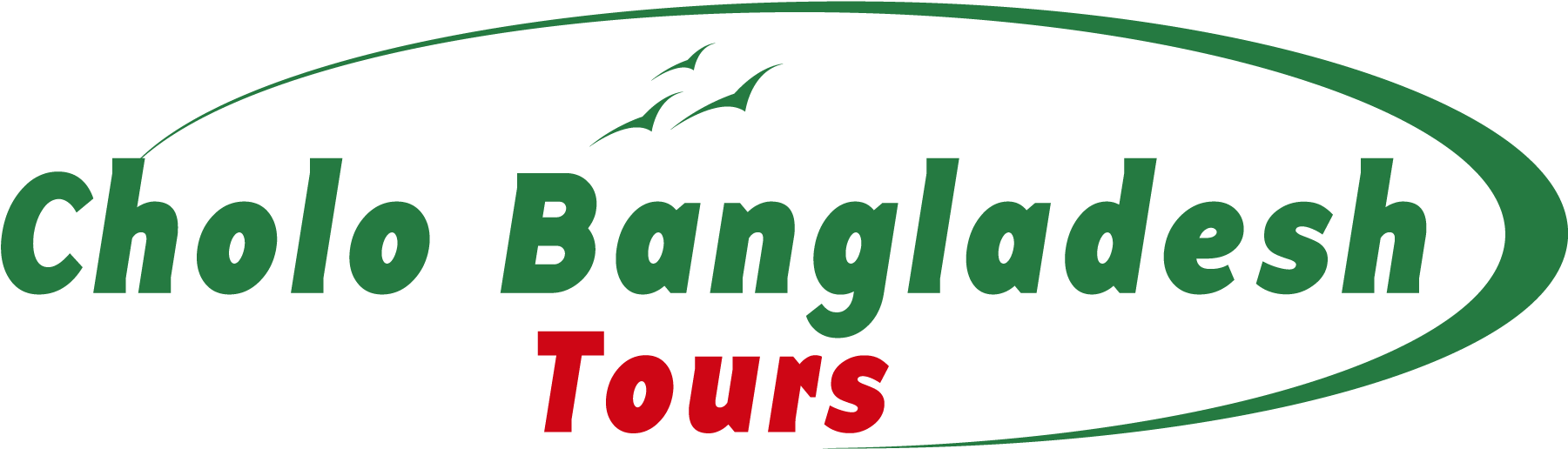 Company Logo 桌布 壁紙 — 粗體綠色和紅色文字在彎曲的綠色橢圓形內顯示 Cholo Bangladesh Tours，上方有兩隻飛鳥。
