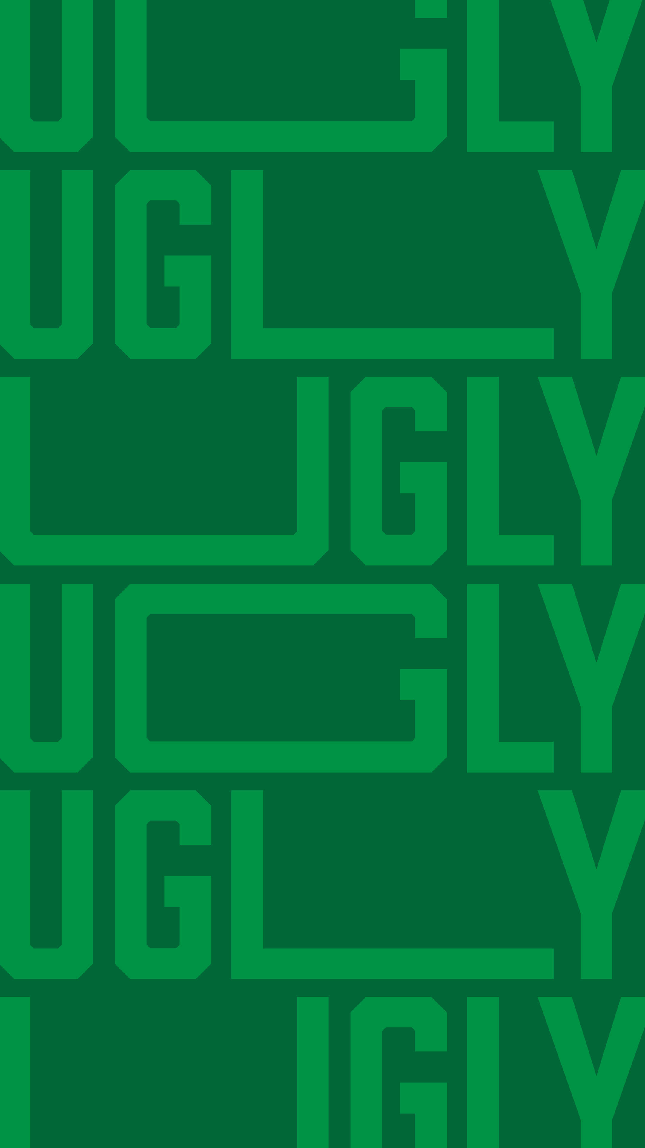 手機 桌布 壁紙 — 粗體綠色字母拼出「UGLY」，在純深綠色背景上以碎片化網格圖案重複。