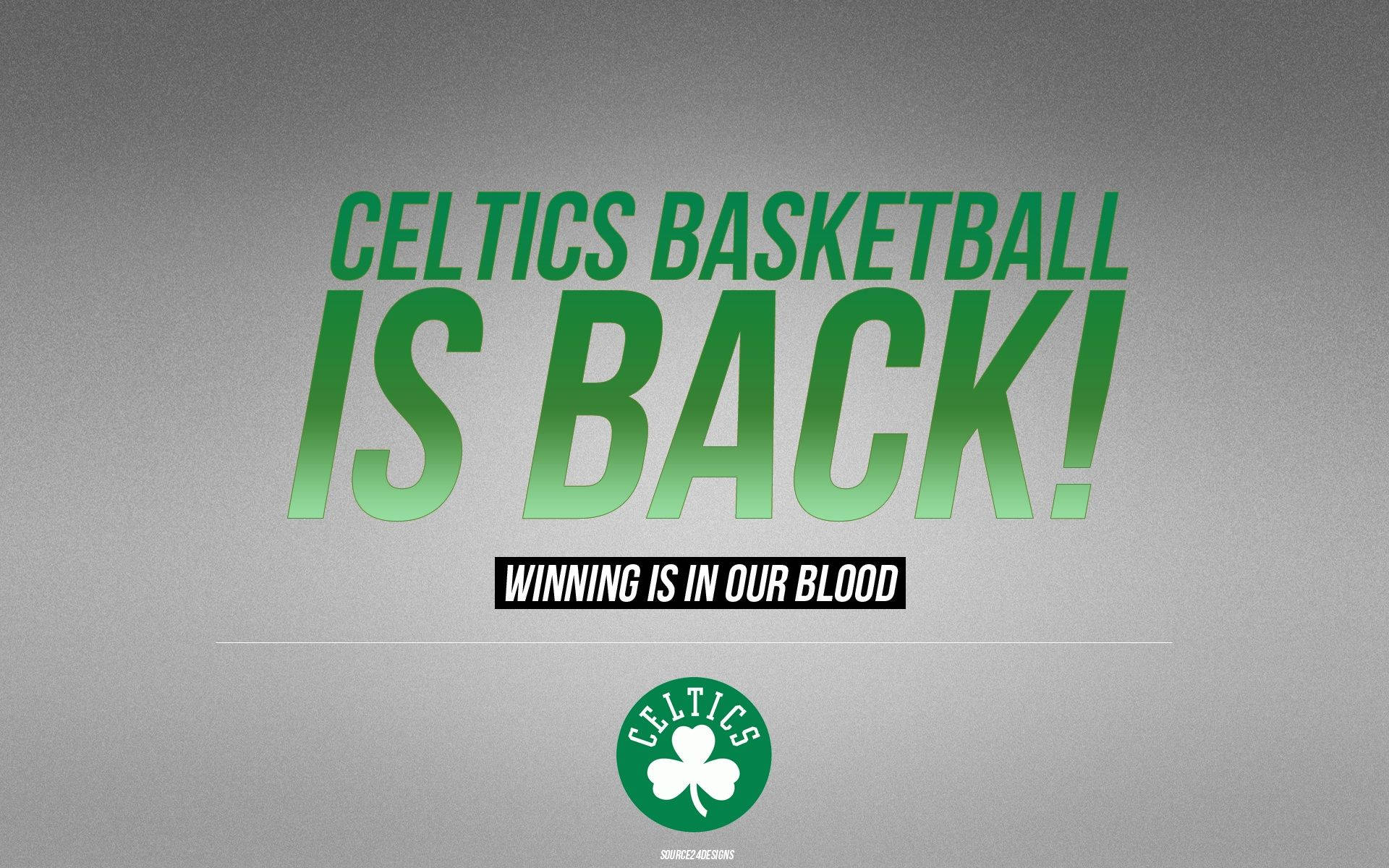 Celtics 桌布 壁紙 — 粗體綠色文字在帶有紋理的灰色背景上宣告 Celtics 籃球回歸，並附有球隊標誌。