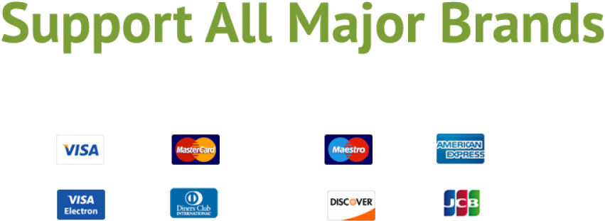 美國運通 桌布 壁紙 — 粗體綠色文字在黑色背景上顯示「Support All Major Brands」，上方有Visa、MasterCard、Maestro、American Express、Discover和JCB的標誌。
