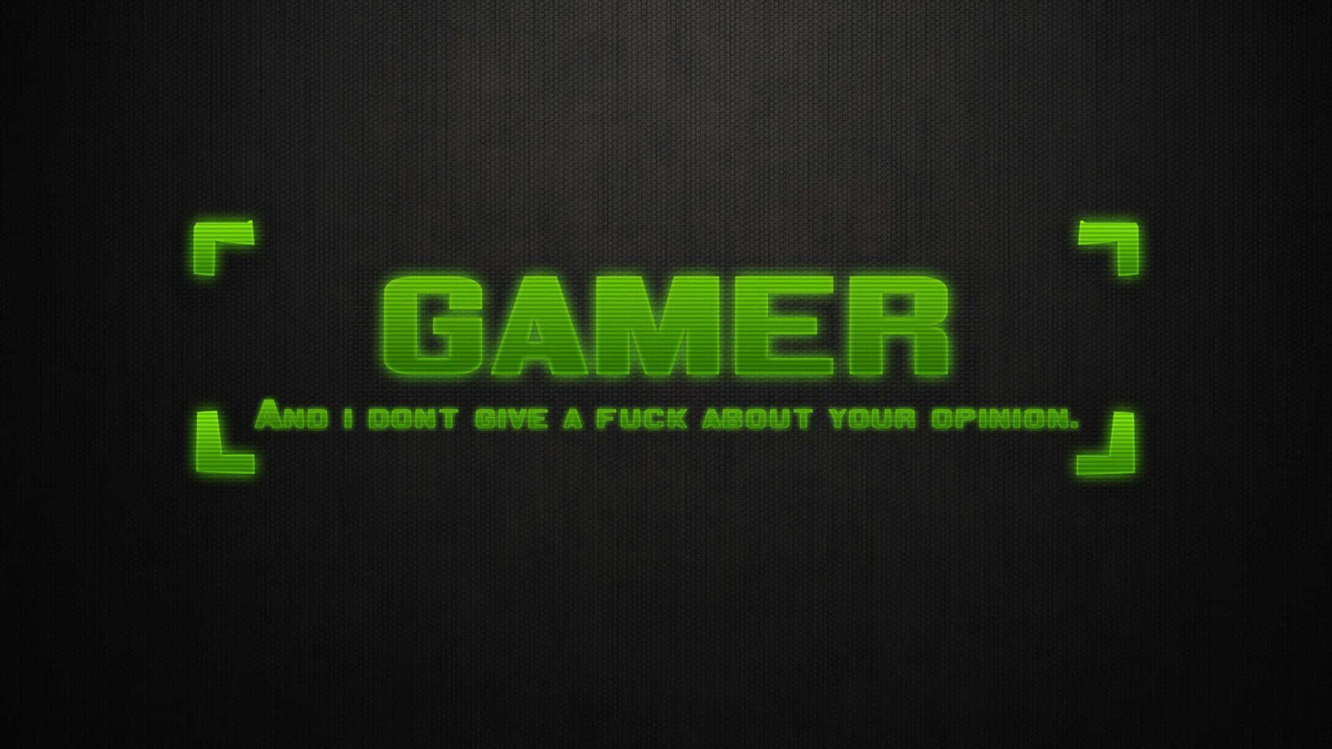 玩家 桌布 壁紙 — 粗體綠色發光文字在深色紋理背景上顯示「GAMER」和「AND I DONT GIVE A FUCK ABOUT YOUR OPINION」。
