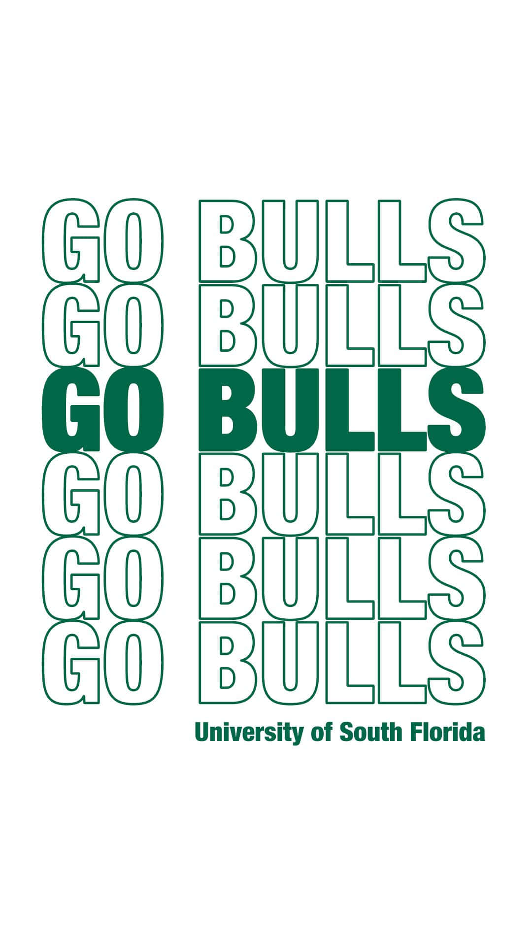  壁紙 — 粗體綠色輪廓文字以網格圖案重複「GO BULLS」，下方有「University of South Florida」。