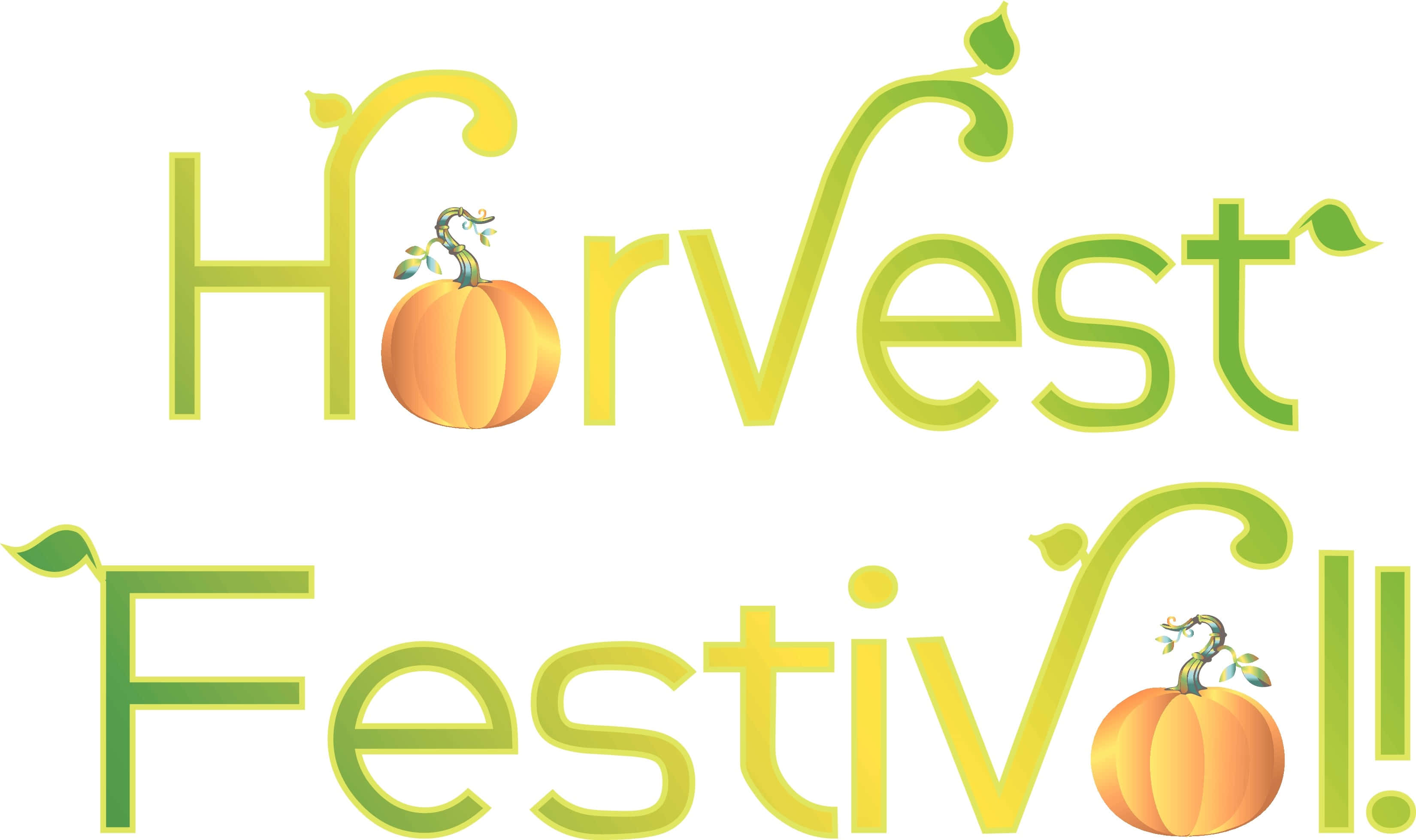 Fall Festival 桌布 壁紙 — 粗體綠色風格文字寫著「Harvest Festival」，橙色南瓜取代了「o」字，並帶有裝飾性藤蔓漩渦。