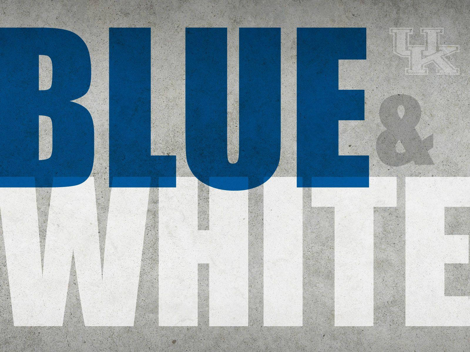  壁紙 — 粗體藍白文字拼出 BLUE & WHITE，在紋理灰色混凝土背景上格外突出。
