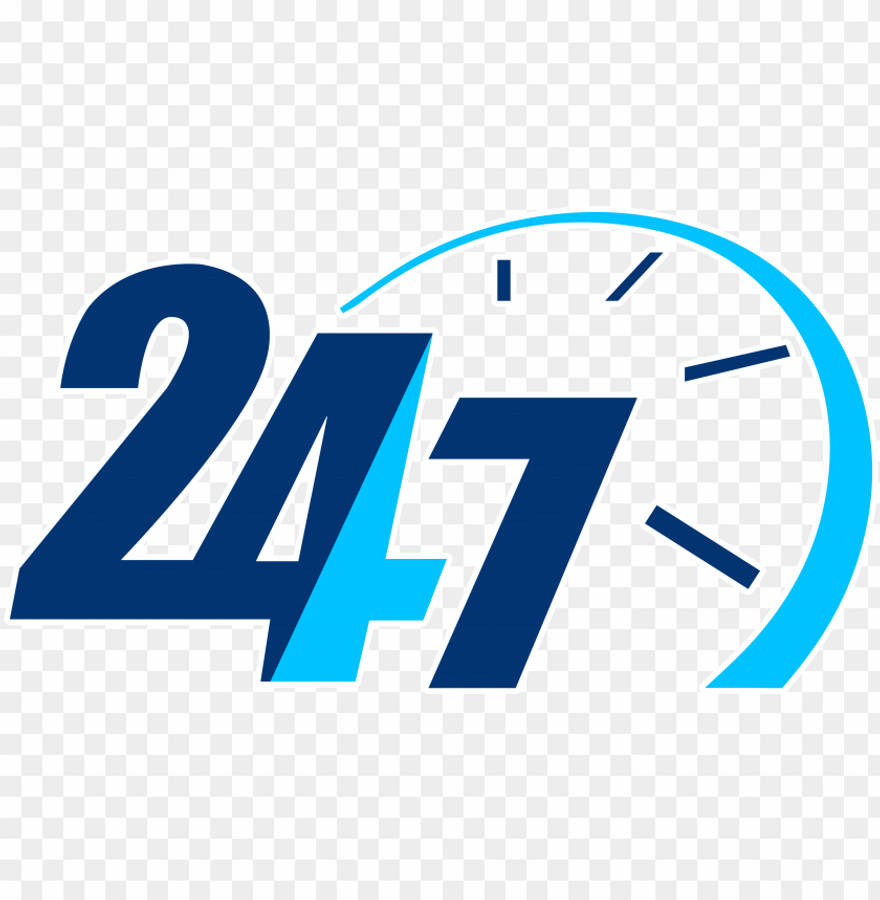 Clock 桌布 壁紙 — 粗體藍色 247 文字搭配時鐘面弧線，象徵全天候服務。