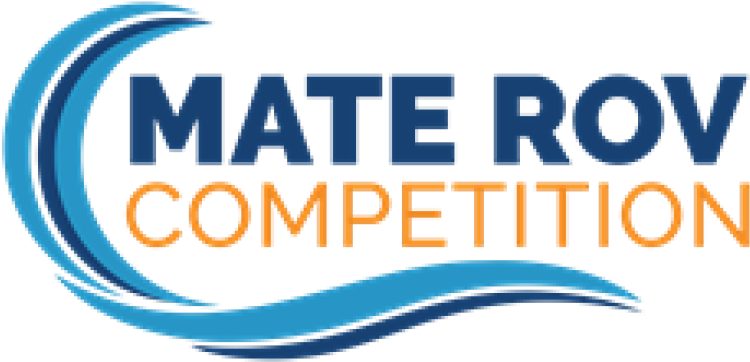 水下動畫 桌布 壁紙 — 粗體藍色和橙色文字寫著「MATE ROV COMPETITION」，以風格化的波浪圖形框在黑色背景上。