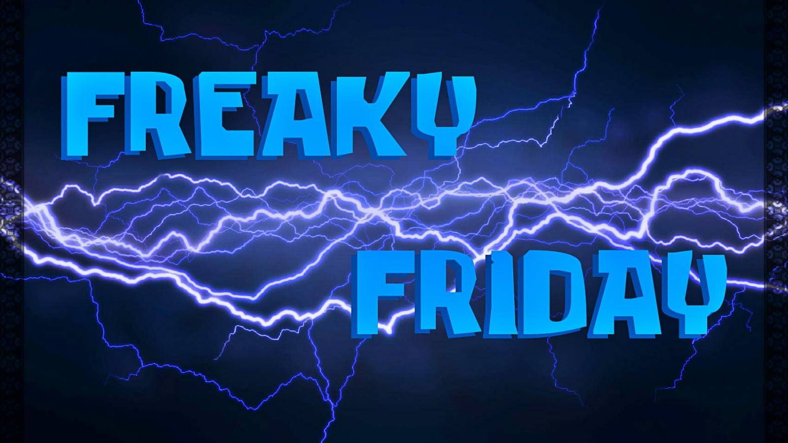 Friday 桌布 壁紙 — 粗體藍色文字 'FREAKY FRIDAY' 在黑暗暴風雨背景下閃爍著生動的電光。