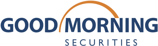 早安 桌布 壁紙 — 粗體藍色文字寫著 'GOOD MORNING SECURITIES'，在 'MORNING' 上方有一個橙色拱形，背景為黑色。