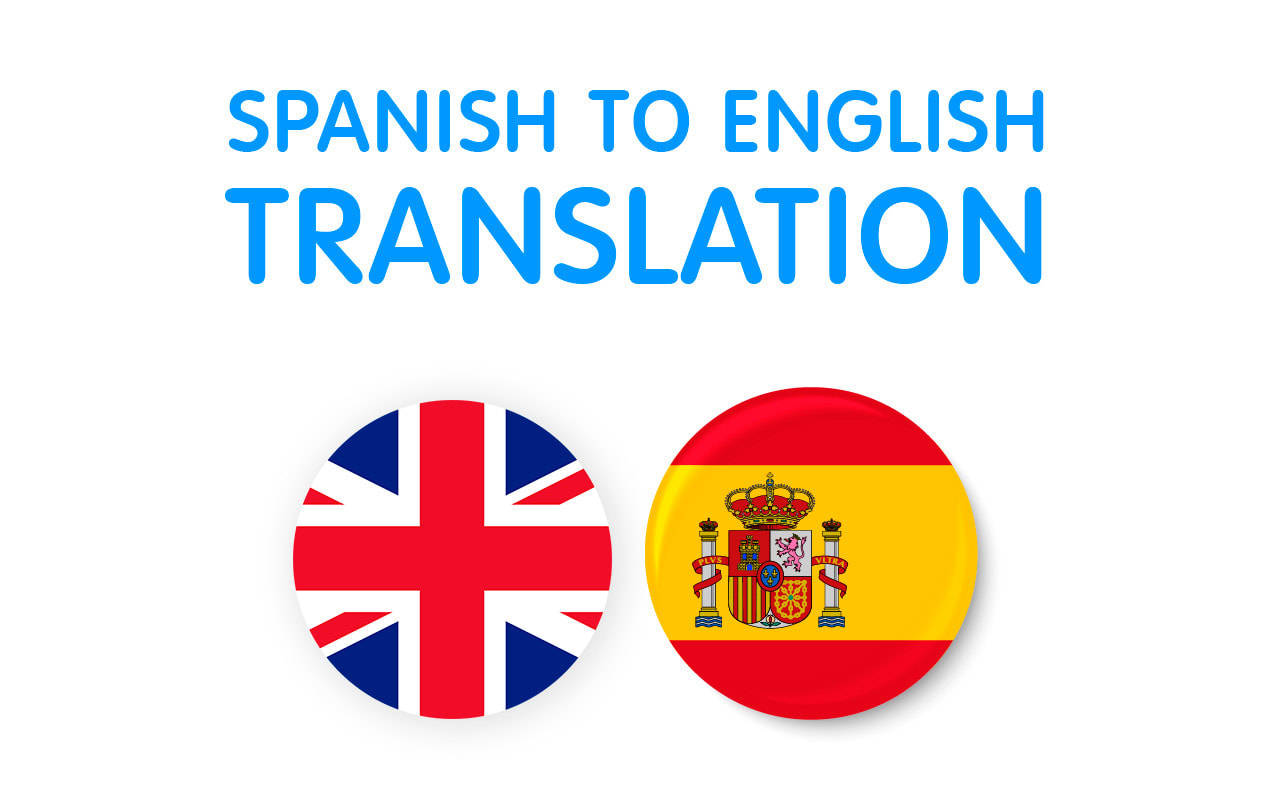 Flag 桌布 壁紙 — 粗體藍色文字顯示「Spanish to English Translation」，兩側有圓形的英國和西班牙國旗，背景為白色。