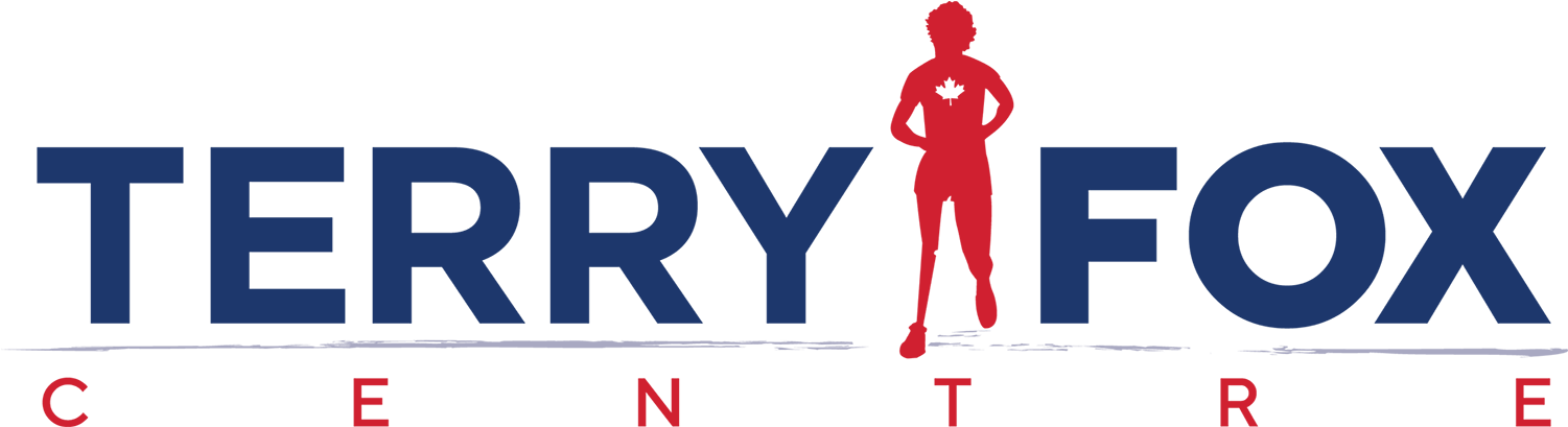 博物館 桌布 壁紙 — 粗體藍色文字顯示Terry Fox Centre，並在單詞之間有一個紅色跑步人物剪影。