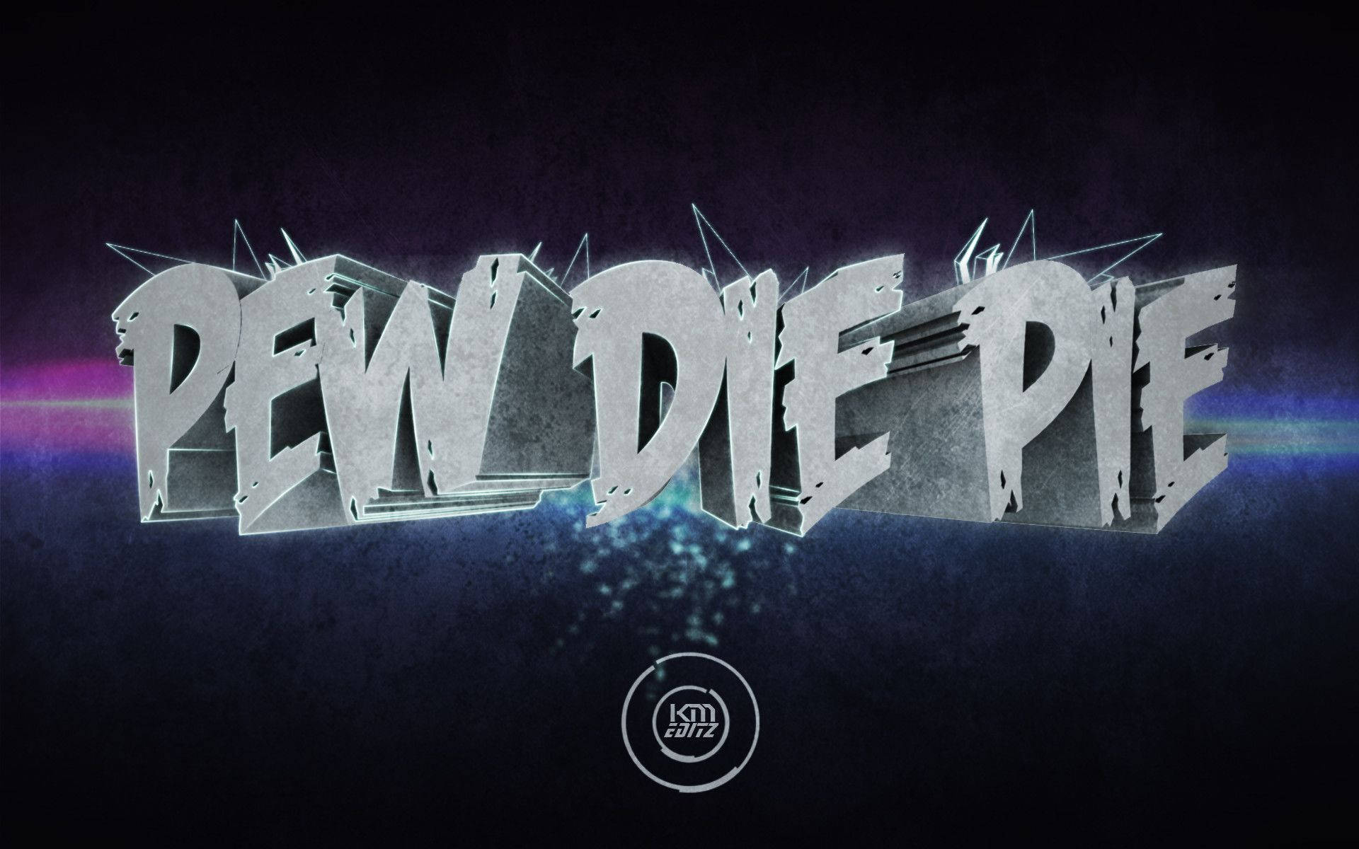 PewDiePie 桌布 壁紙 — 粗體金屬3D文字拼寫pew die pie，帶有發光的紫藍色鏡頭光暈，背景為深色紋理。