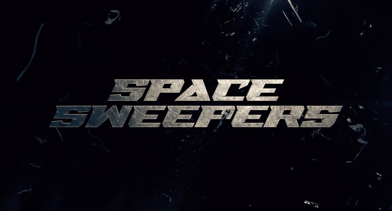 Space Sweepers 桌布 壁紙 — 粗體金屬文字在黑暗宇宙背景下顯示 space sweepers，周圍漂浮著碎片和發光粒子。