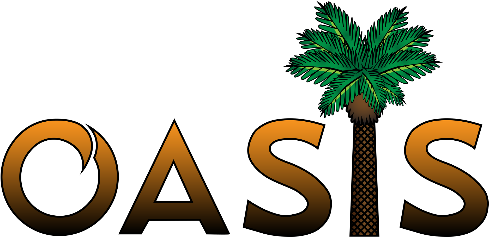 綠洲 桌布 壁紙 — 粗體金色字母拼出 oasis，黑色背景上字母 S 長出一棵綠色棕櫚樹。