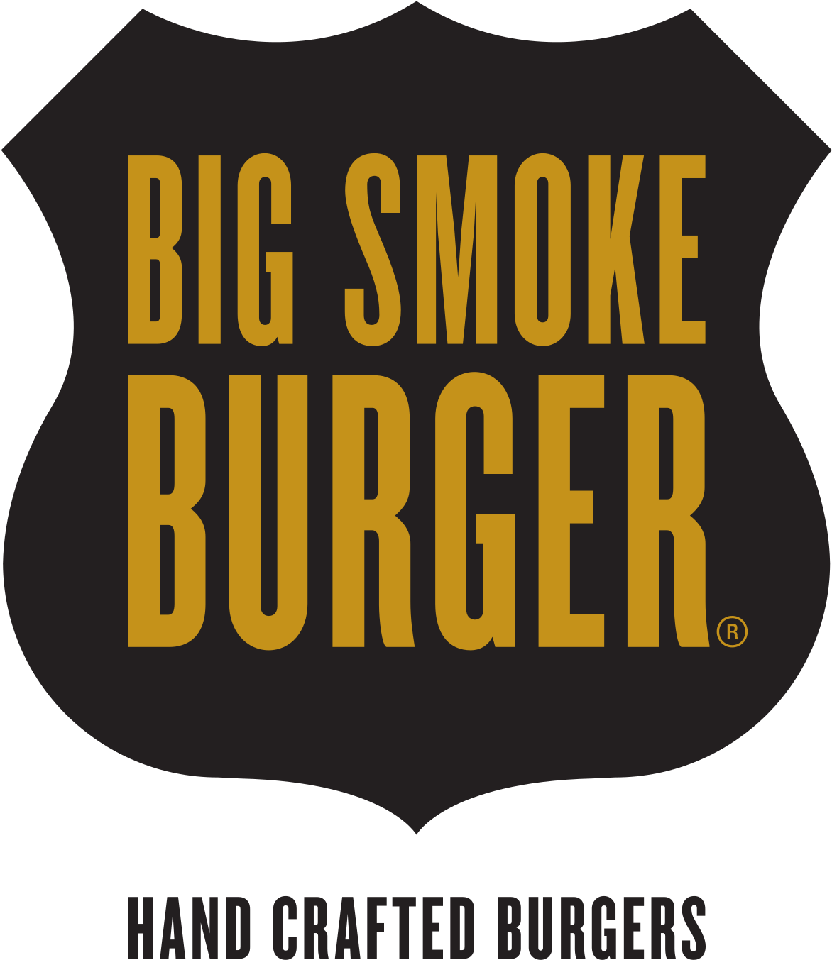 卡達 桌布 壁紙 — 粗體金色文字在深色盾牌形標誌上寫著 big smoke burger，並附有手工漢堡標語。