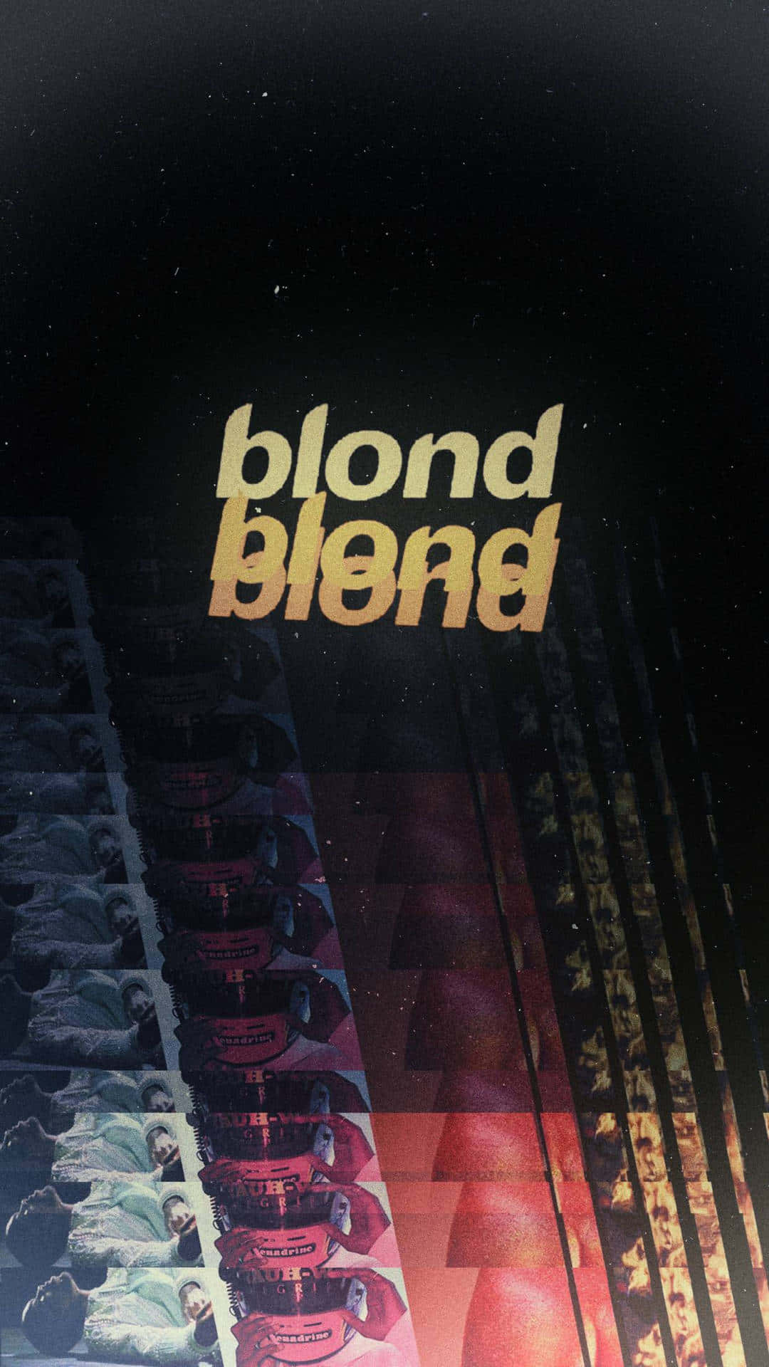 桌布 壁紙 — 粗體金色文字顯示「blond blend」，背景為黑暗星空，並有垂直條紋重複出現的臉孔，色調柔和。