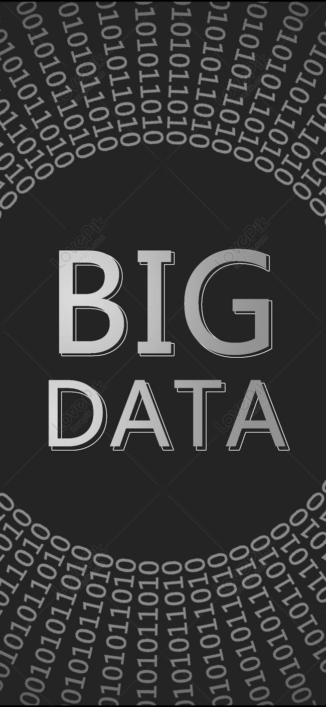 Code 桌布 壁紙 — 粗體銀色「BIG DATA」文字置中，背景為深色，帶有旋轉的二進制代碼圖案。