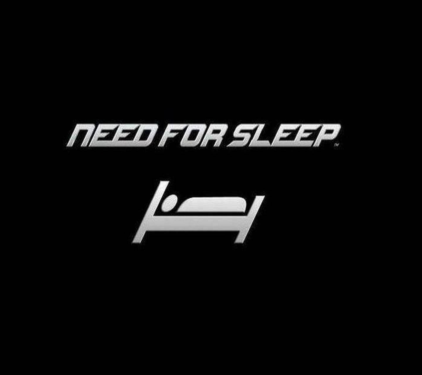 Quote 桌布 壁紙 — 粗體銀色文字「NEED FOR SLEEP」，中央配以風格化床標誌，置於黑色背景上。