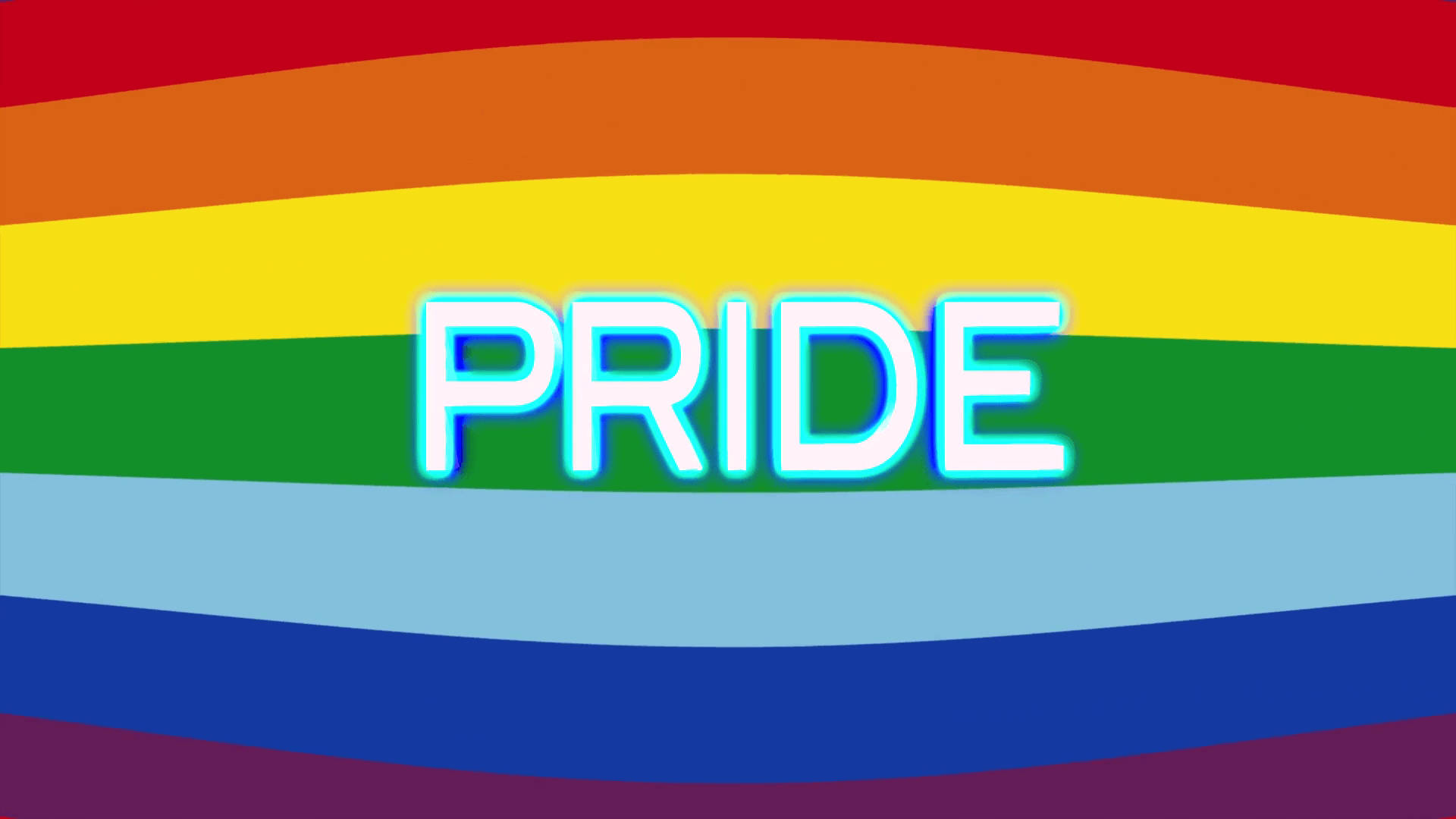 Pride Flag 桌布 壁紙 — 粗體霓虹 'PRIDE' 文字在鮮豔彎曲的彩虹旗背景中央發光。