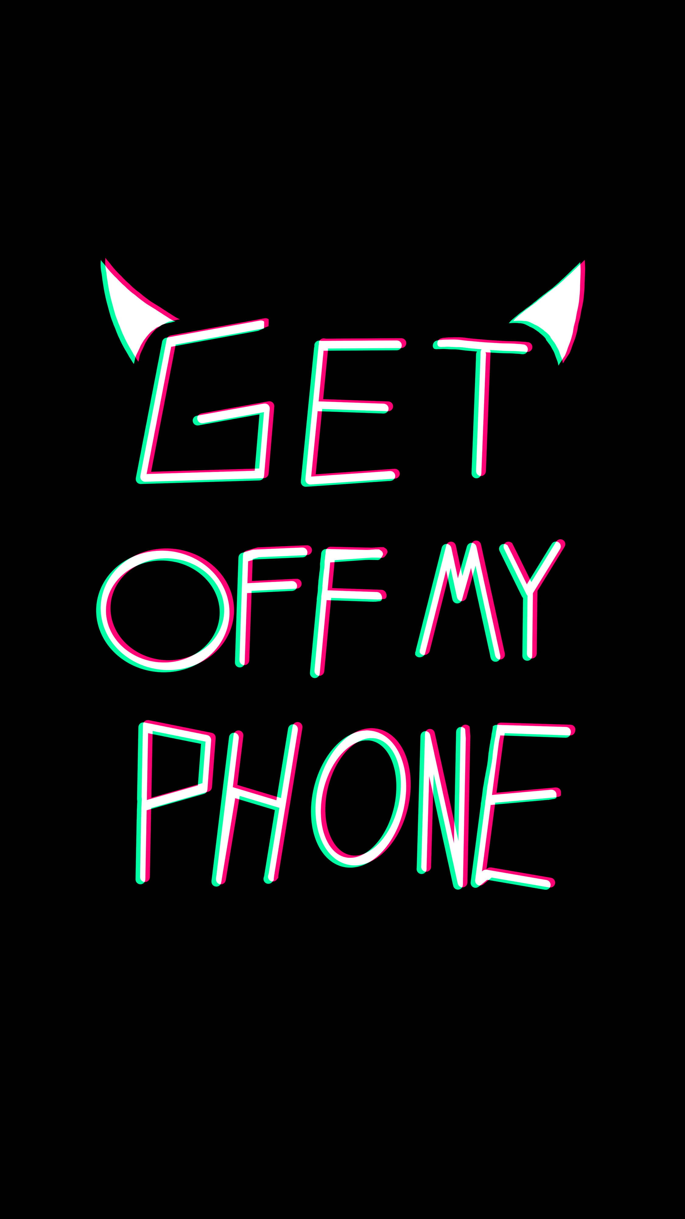 Devil Horns 桌布 壁紙 — 粗體霓虹文字「GET OFF MY PHONE」配上惡魔角，在黑色背景上發光。