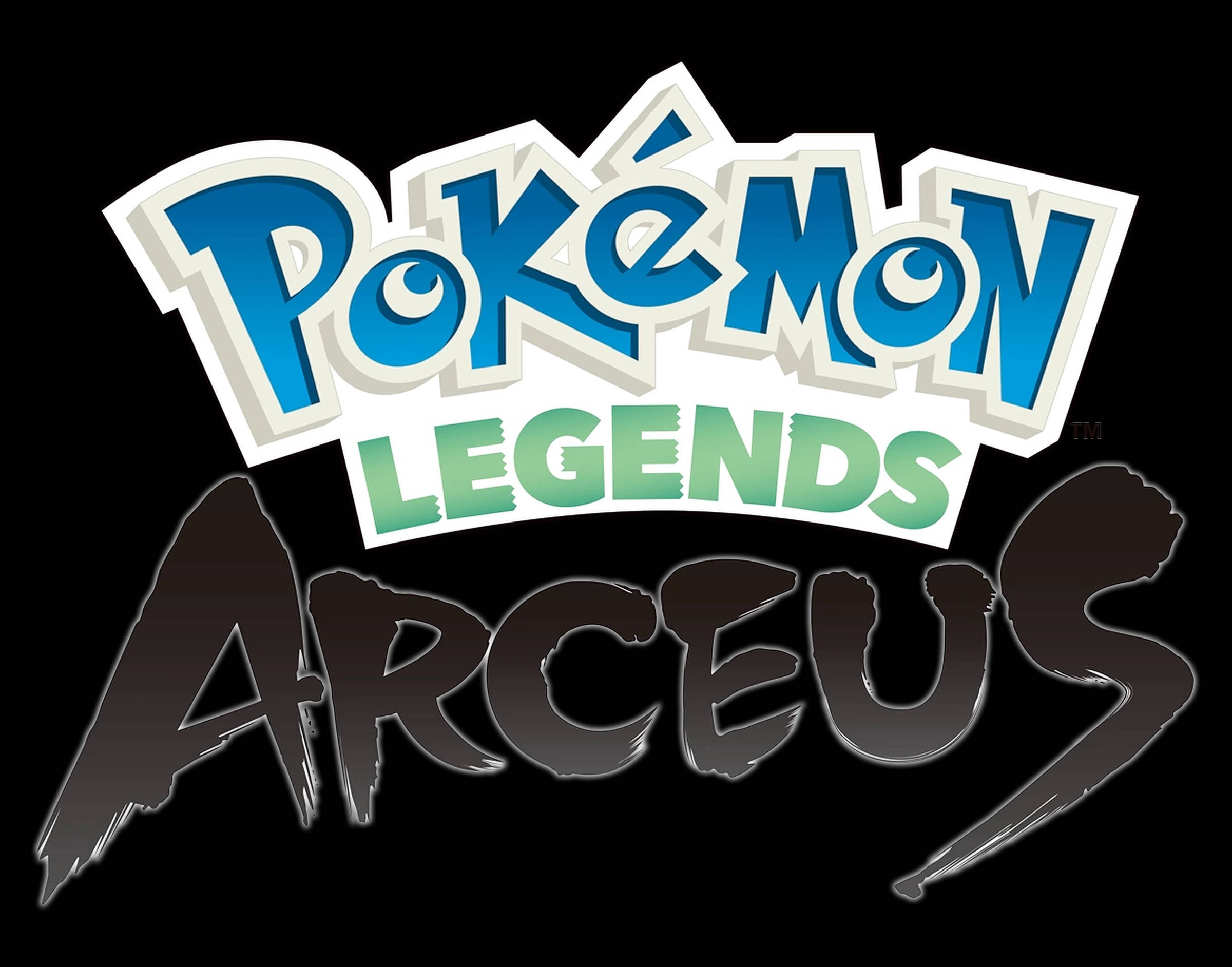 Legends 桌布 壁紙 — 粗體風格化的Pokémon Legends Arceus標誌，帶有藍色、綠色和黑色文字，背景為黑色。