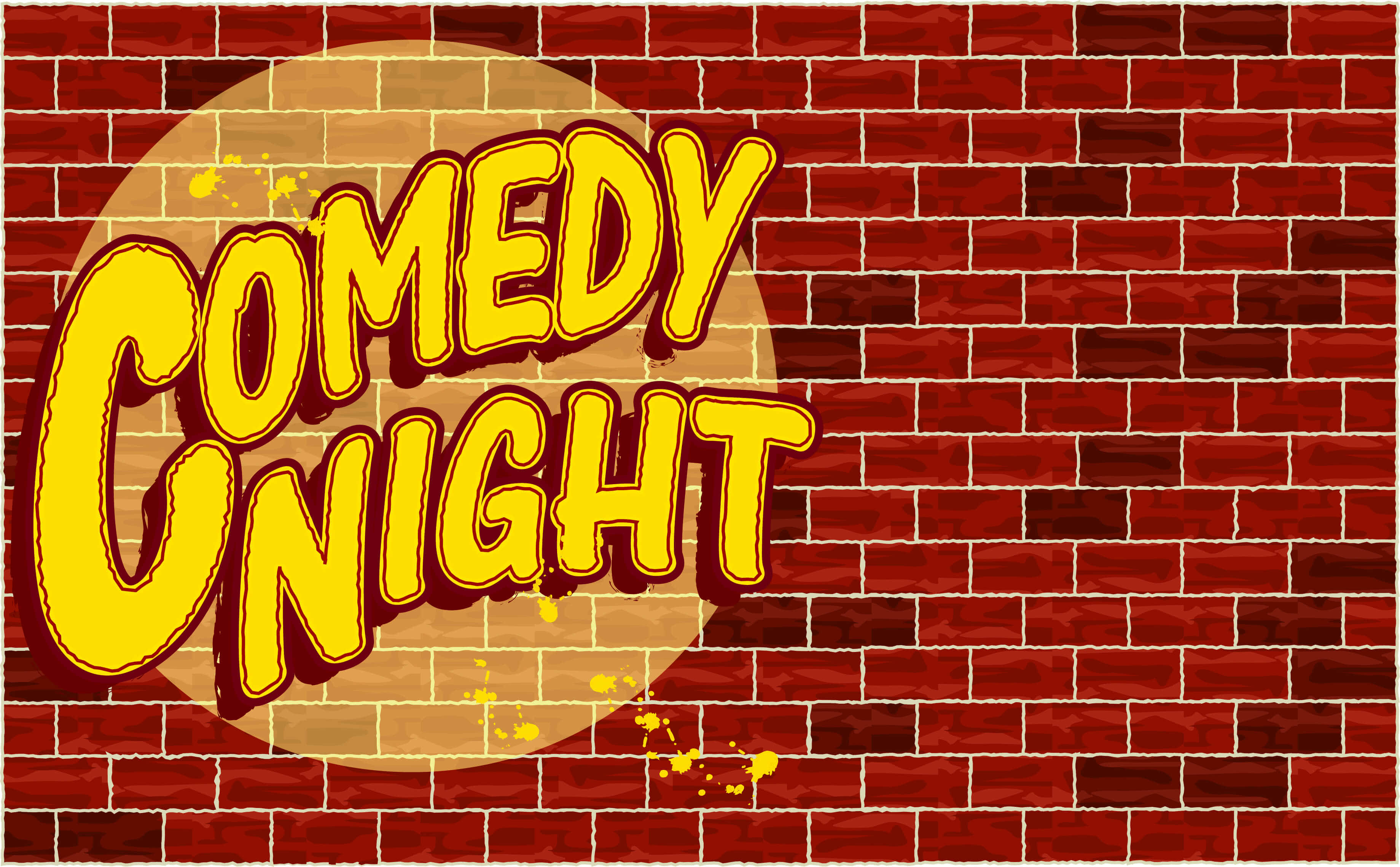 comedy 桌布 壁紙 — 粗體黃色 'Comedy Night' 文字在紅磚牆上飛濺，帶有圓形聚光燈效果。