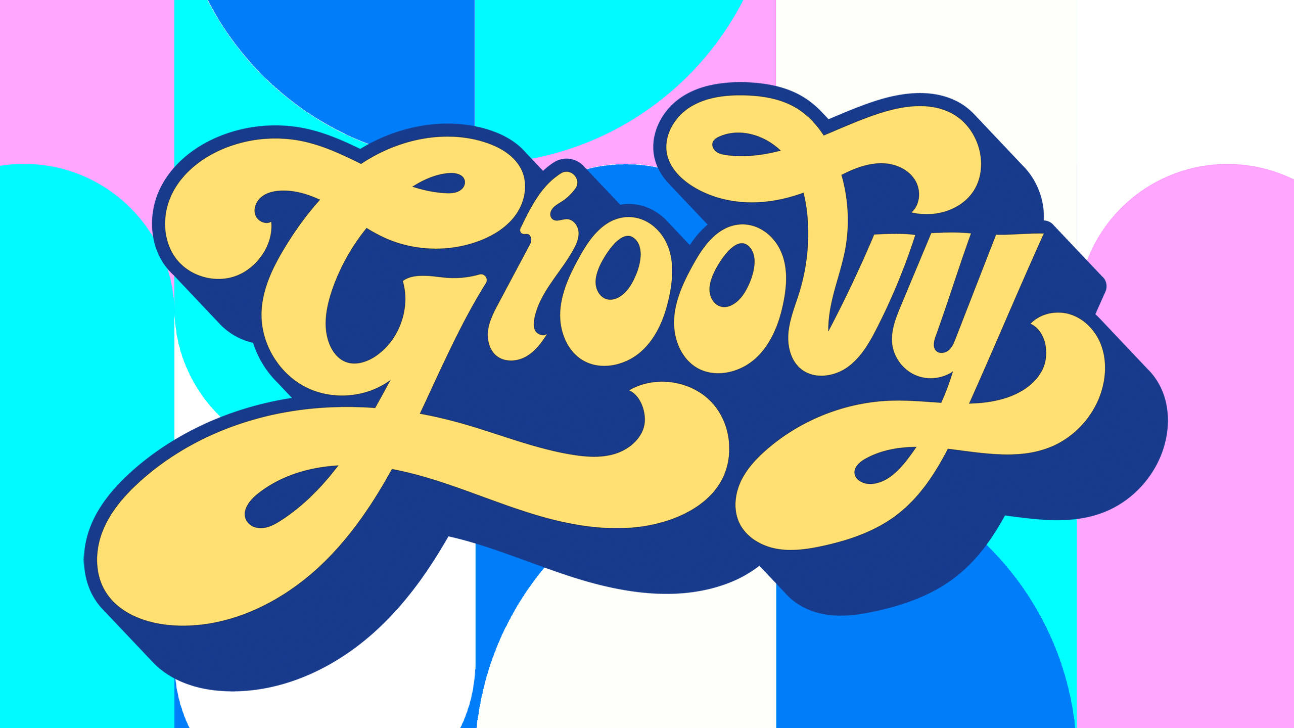 Retro 桌布 壁紙 — 粗體黃色 'Groovy' 文字帶藍色陰影，漂浮在粉紅色、藍色和白色抽象形狀的鮮豔背景上。