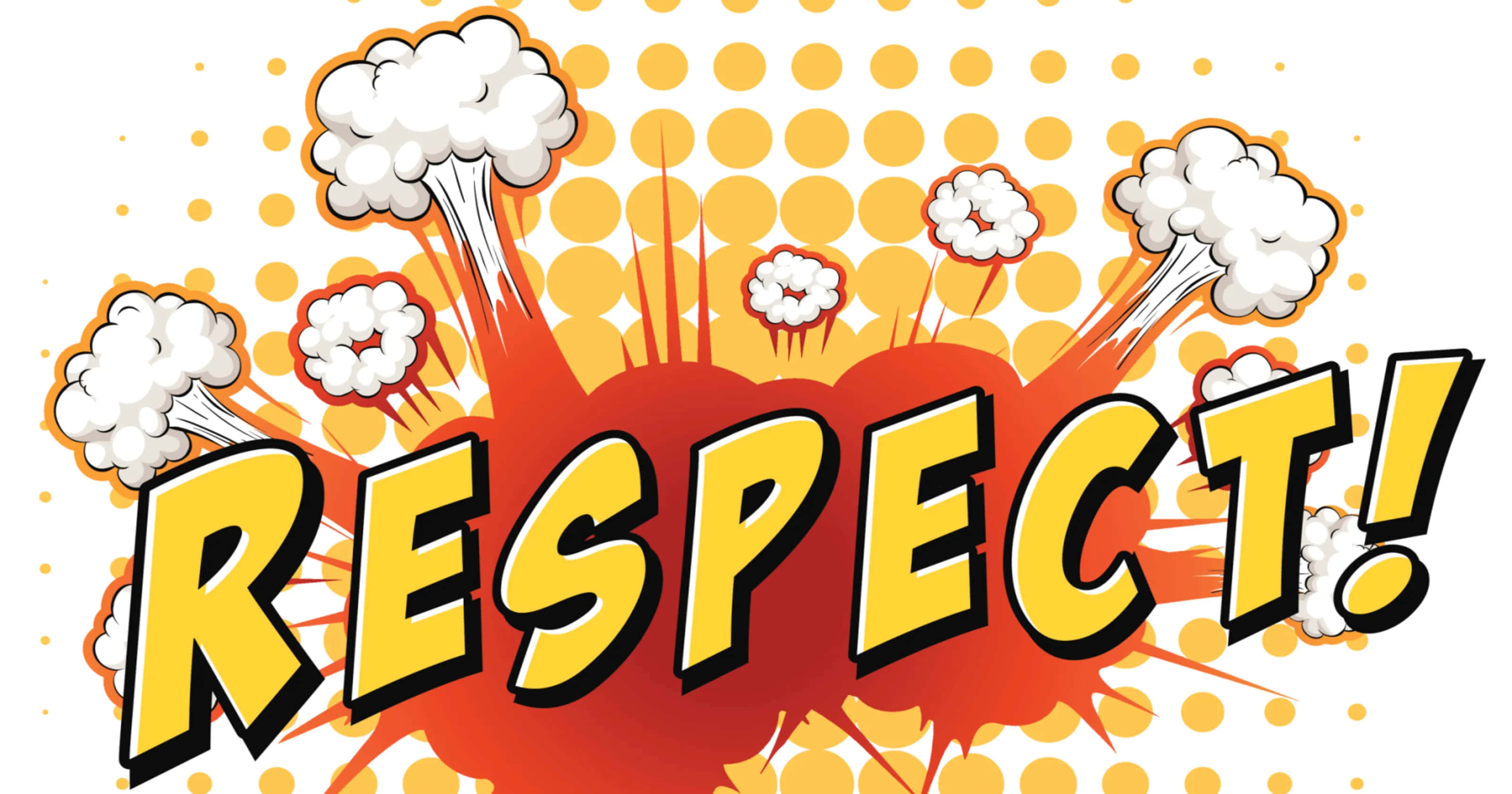 設計 桌布 壁紙 — 粗體黃色「RESPECT!」文字從紅橙色爆炸中迸出，帶有白色漫畫雲朵，背景為黃色圓點圖案。