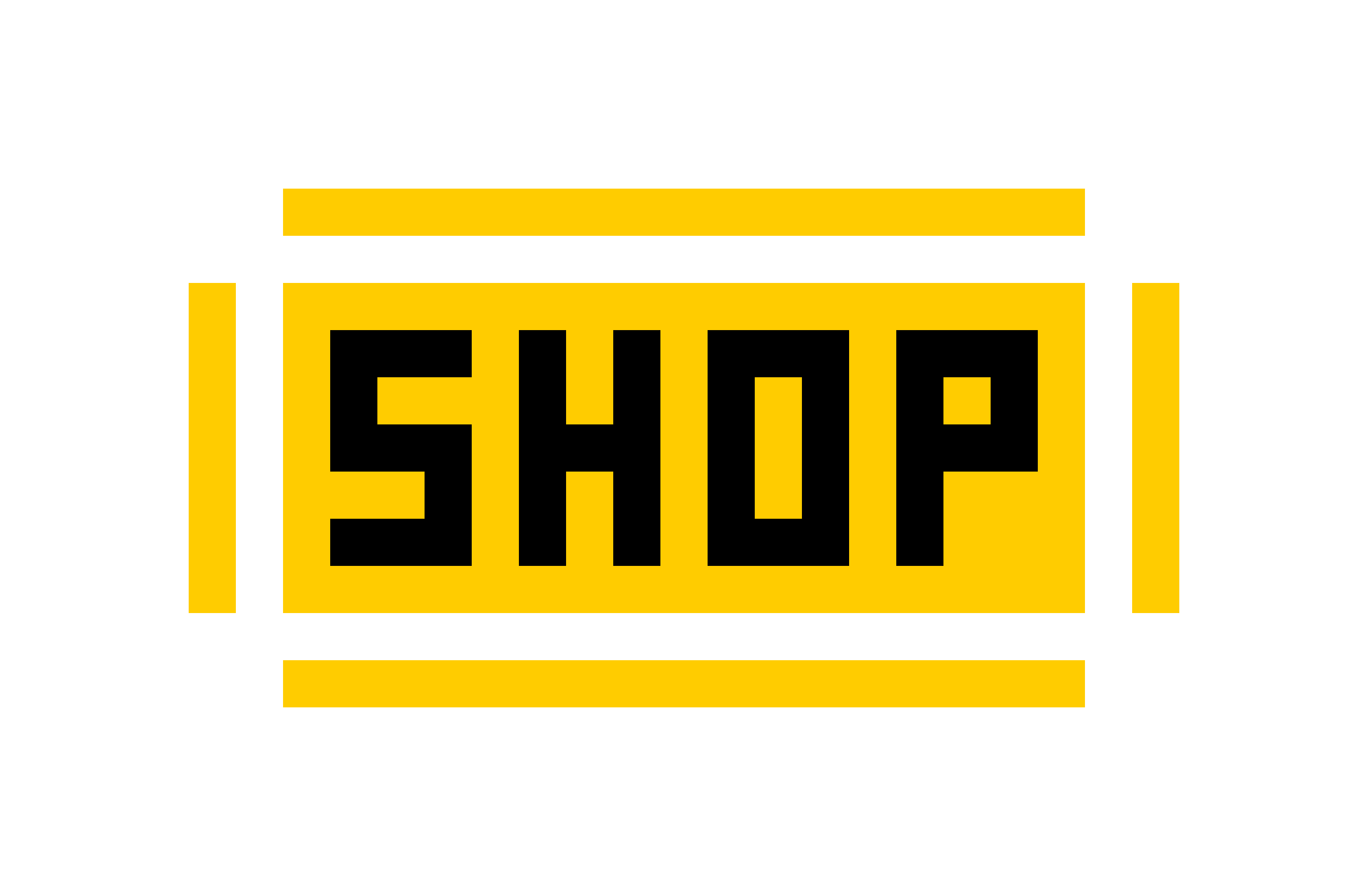 Shopping 桌布 壁紙 — 粗體黃色 'SHOP' 文字以像素化方塊字體居中顯示在黑色背景上，帶有像素化邊框。