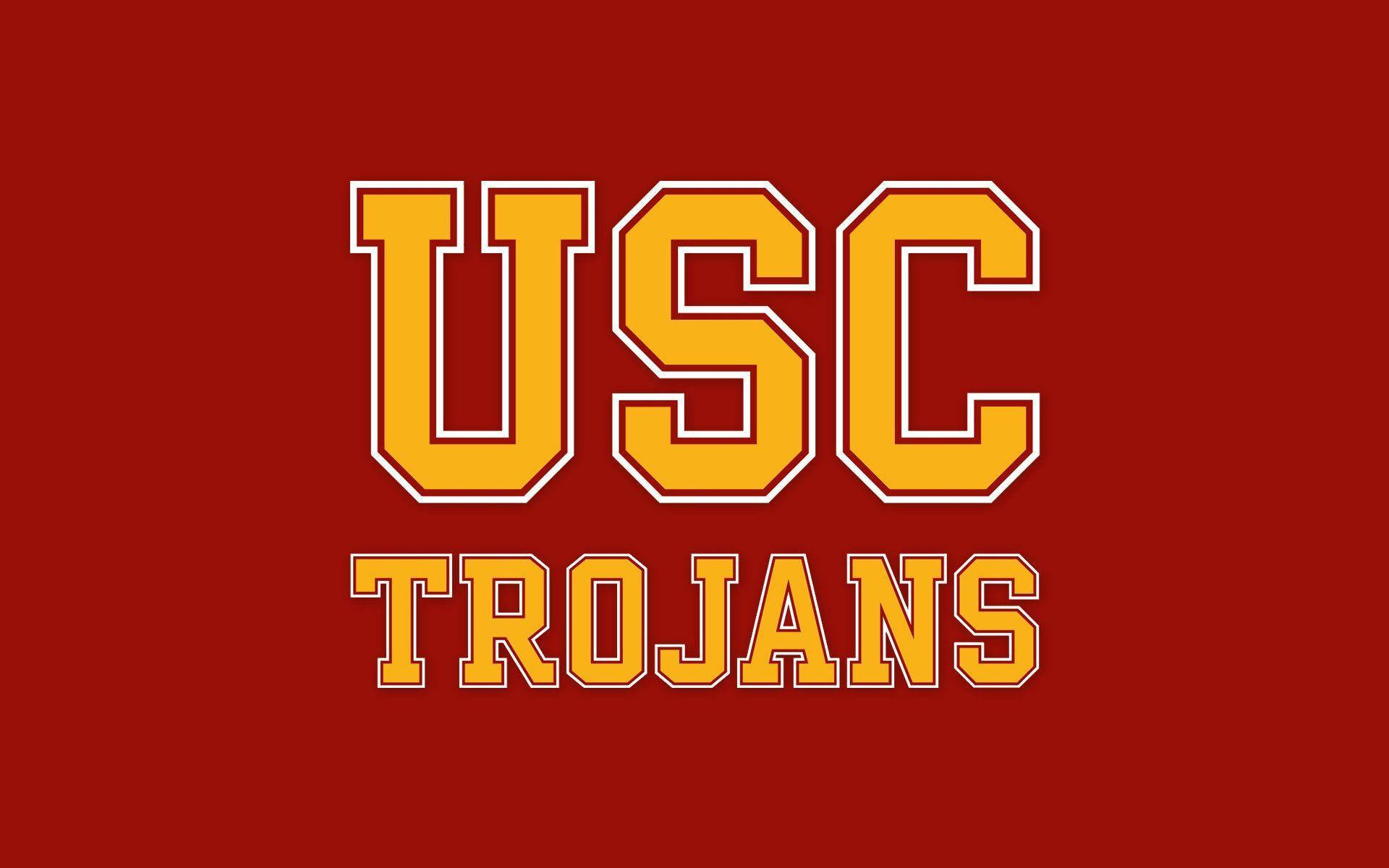 Usc 桌布 壁紙 — 粗體黃色 USC Trojans 文字搭配白色輪廓，在純深紅色背景上格外突出。