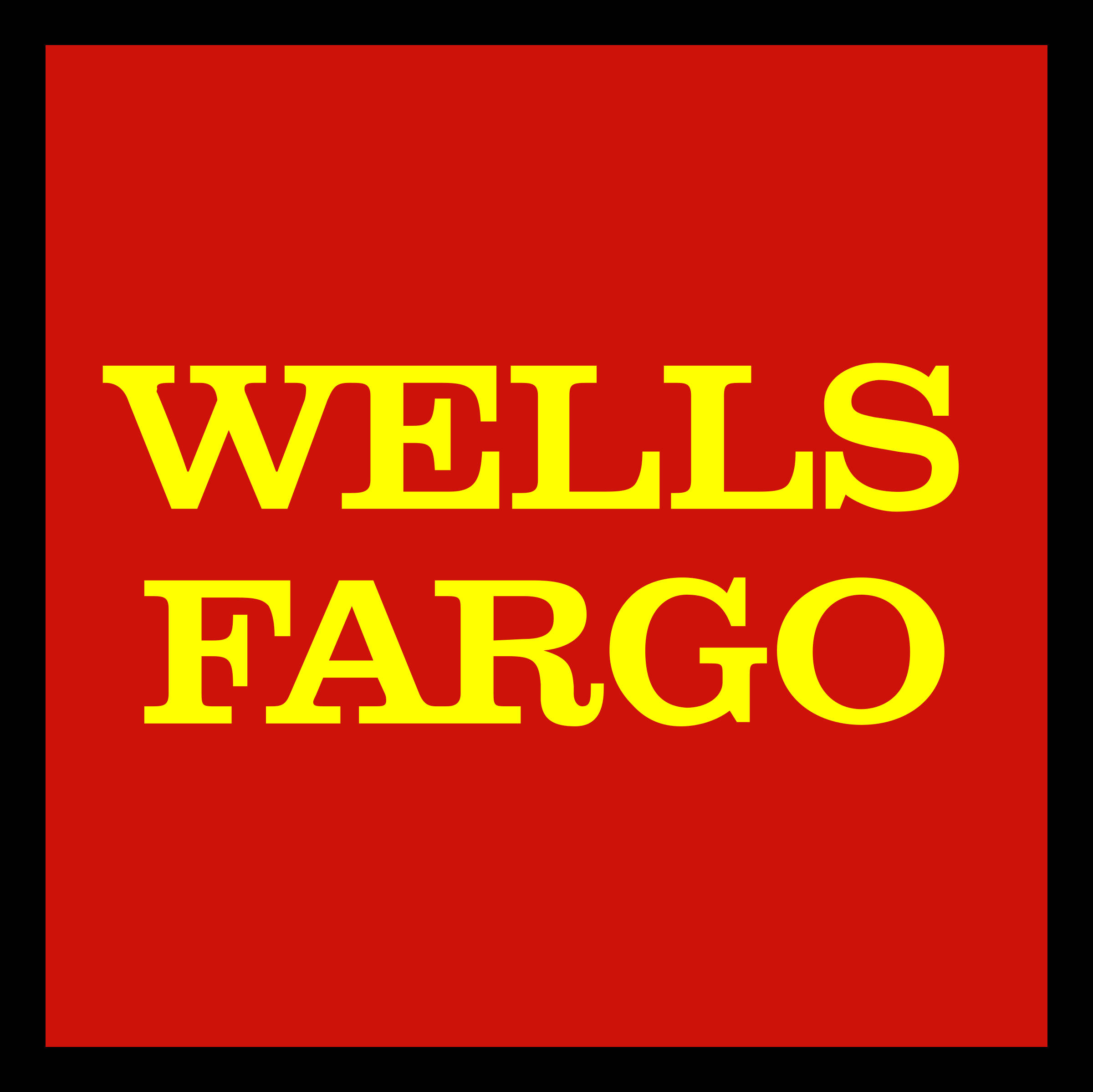 標誌 桌布 壁紙 — 粗體黃色 Wells Fargo 文字居中於純紅色背景上，帶有黑色邊框。