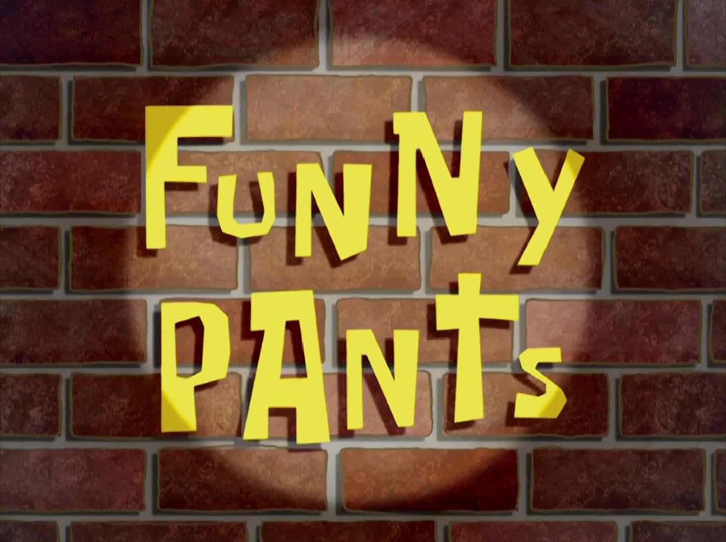 海绵宝宝 桌布 壁紙 — 粗體黃色3D字母拼出Funny Pants，在聚光燈下投射到紅磚牆上形成陰影。