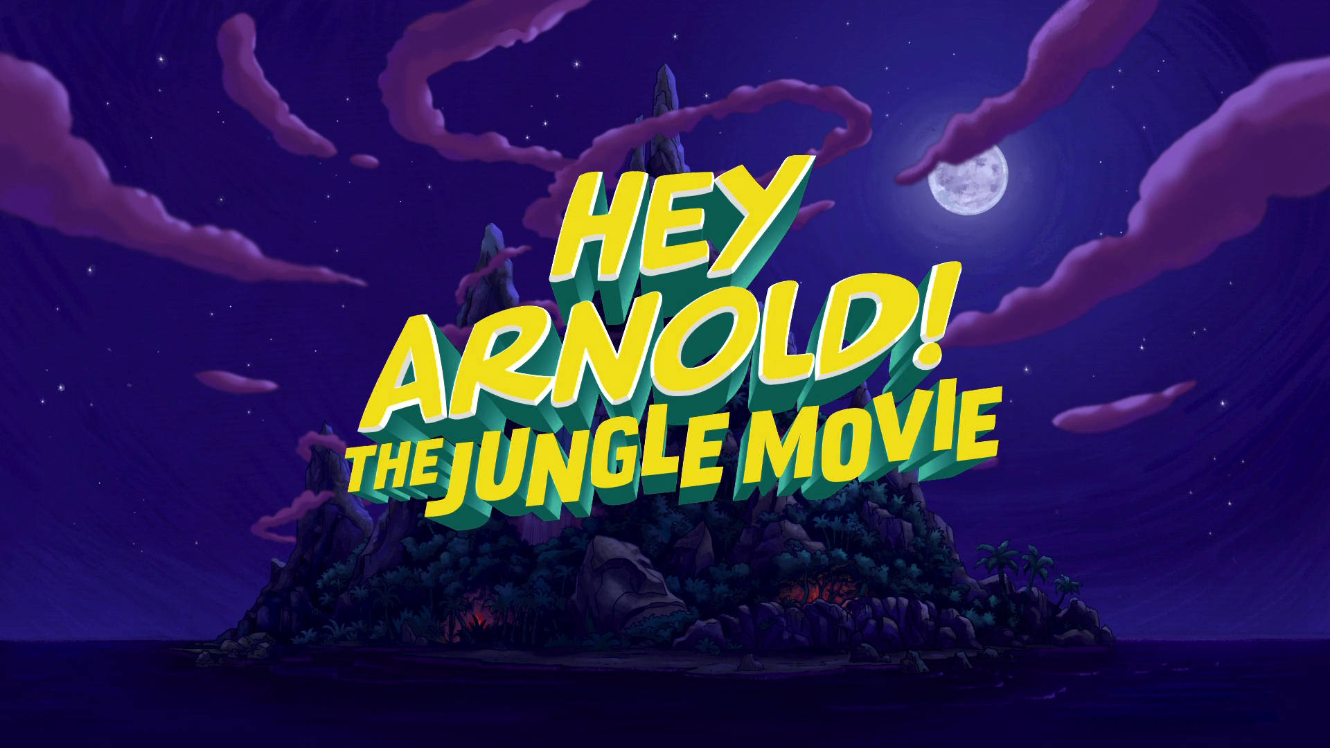 hey 桌布 壁紙 — 粗體黃色3D文字顯示hey arnold the jungle movie，背景為紫色夜空，有滿月和下方的叢林島嶼。