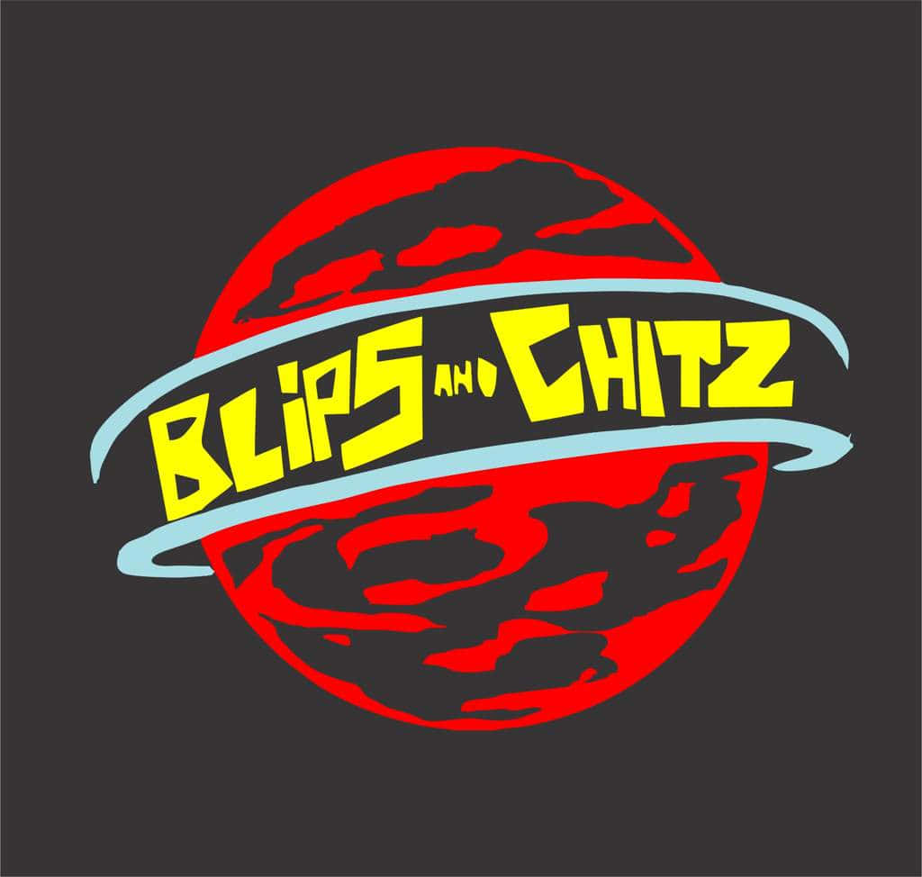 Blips And Chitz 桌布 壁紙 — 粗體黃色文字「Blips and Chitz」環繞著一個帶有黑色漩渦的紅色行星，背景為深灰色。