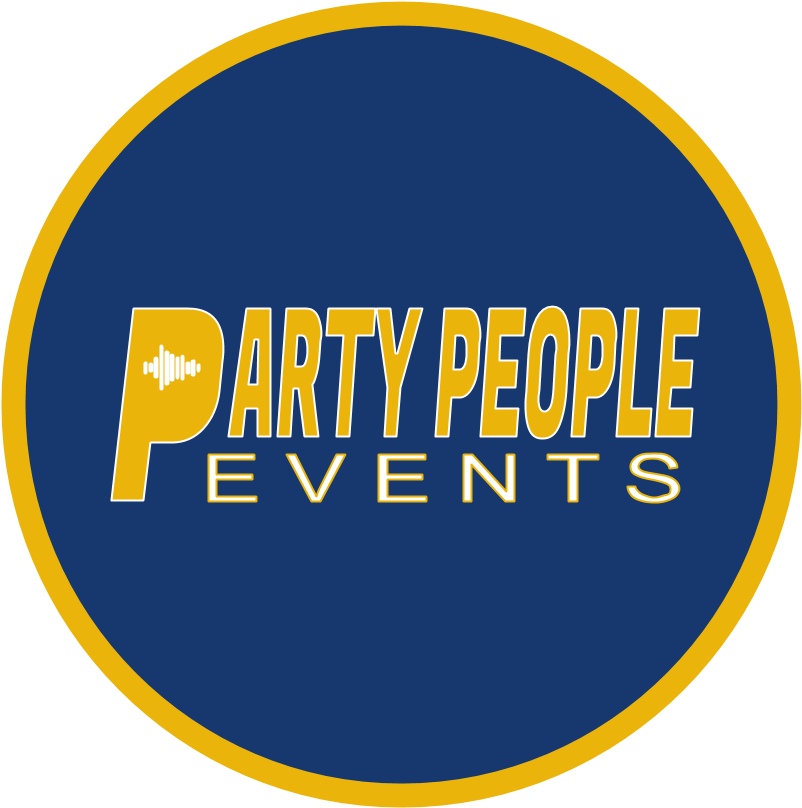 灰狗 桌布 壁紙 — 粗體黃色文字在藍色圓圈內寫著「PARTY PEOPLE EVENTS」，帶有黃色邊框。