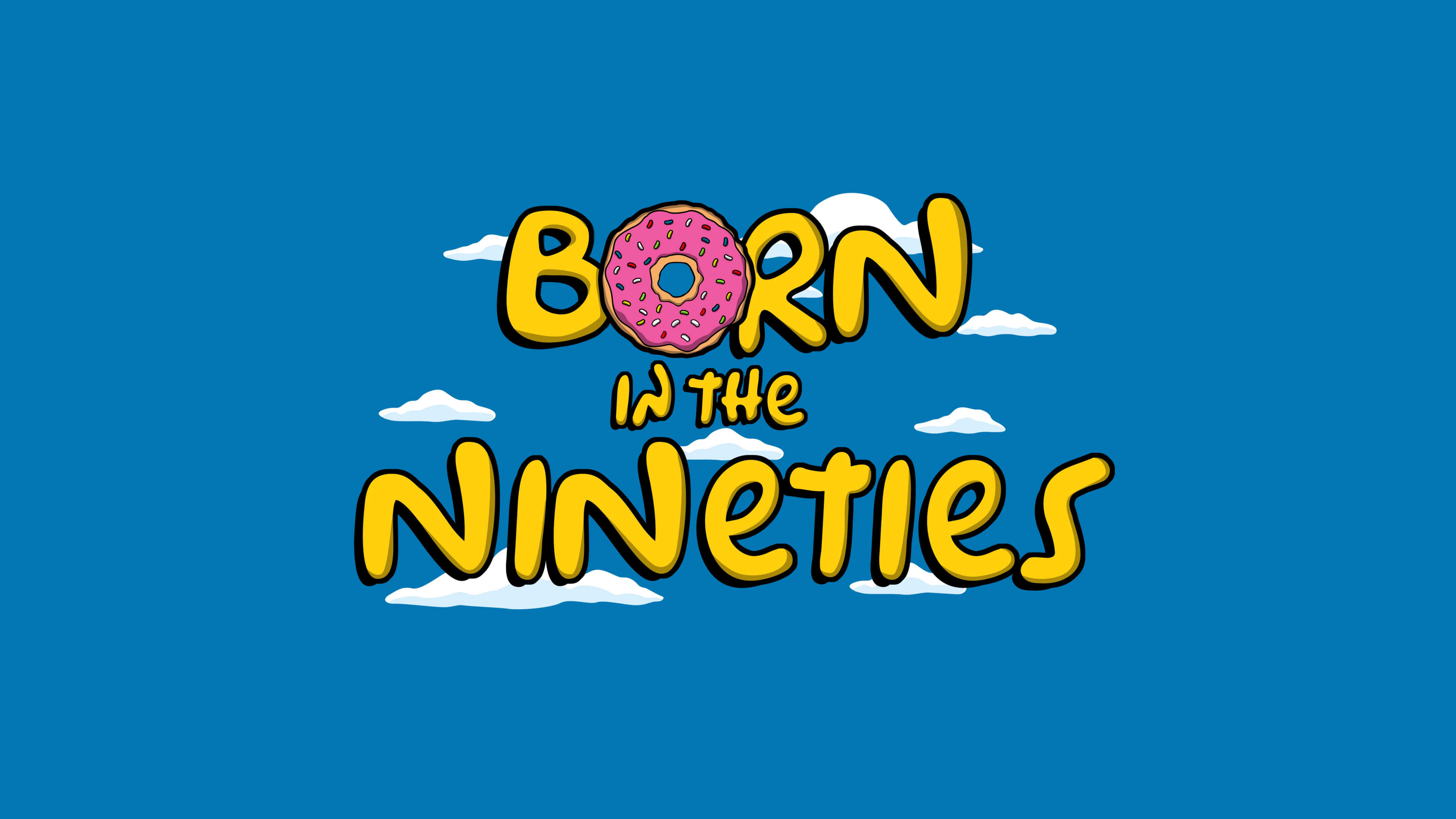 Random 桌布 壁紙 — 粗體黃色文字寫著「BORN IN THE NINETIES」，以粉紅色糖霜甜甜圈取代字母O，背景為藍天白雲。