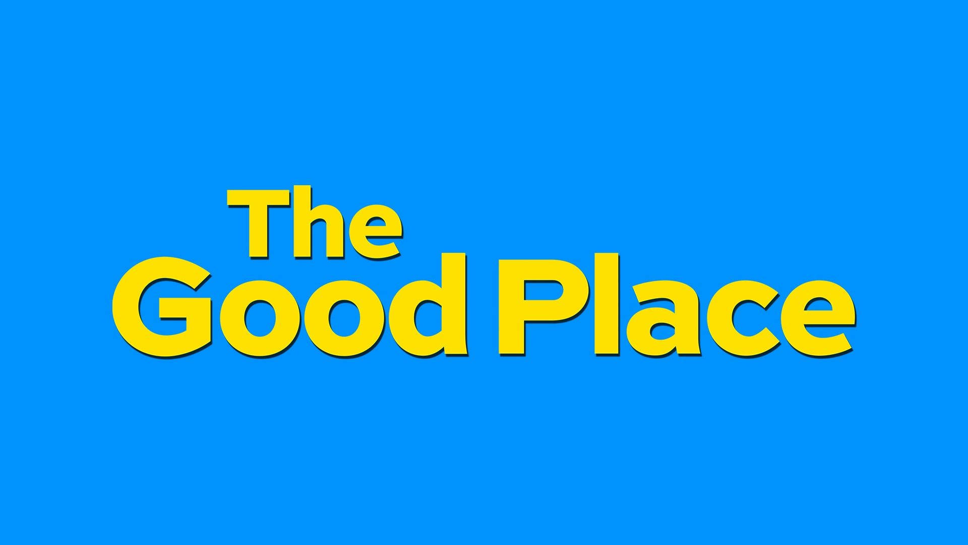 Netflix 桌布 壁紙 — 粗體黃色文字寫著「The Good Place」，背景為純藍色，帶有微妙的陰影。