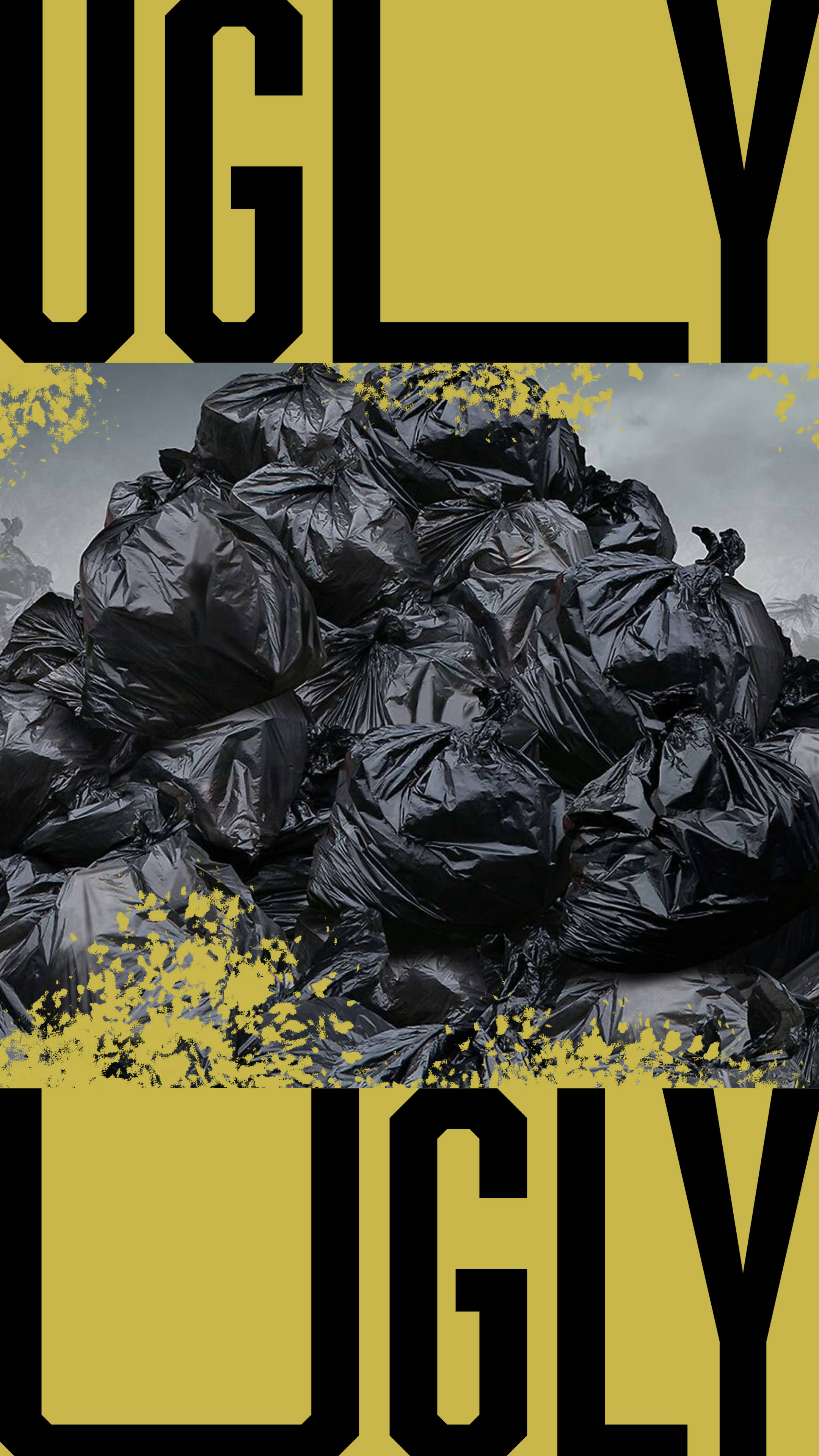 Trash 桌布 壁紙 — 粗體黃色文字拼寫UGLY，框住一堆混亂的黑色垃圾袋，背景是灰色天空和黃色飛濺。