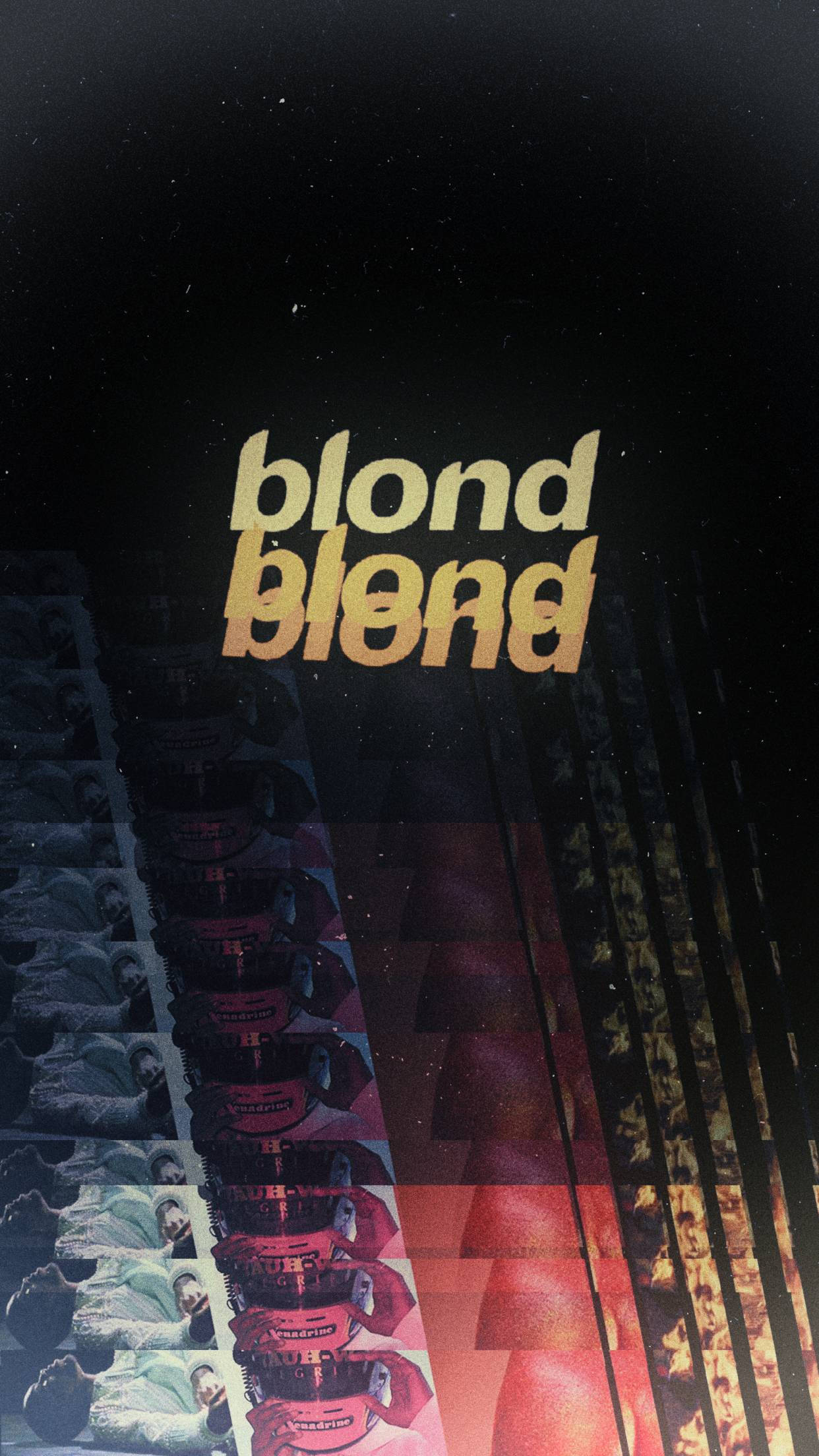 Frank Ocean 桌布 壁紙 — 粗體黃色文字顯示 blond blend，背景為黑暗星空，帶有垂直條紋的重複面孔，色調柔和。