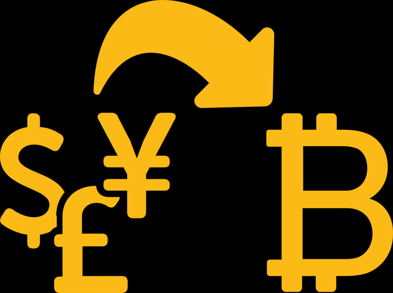 比特幣 桌布 壁紙 — 粗體黃色貨幣符號，包括美元、日圓、英鎊和比特幣，由彎曲箭頭連接在黑色背景上。
