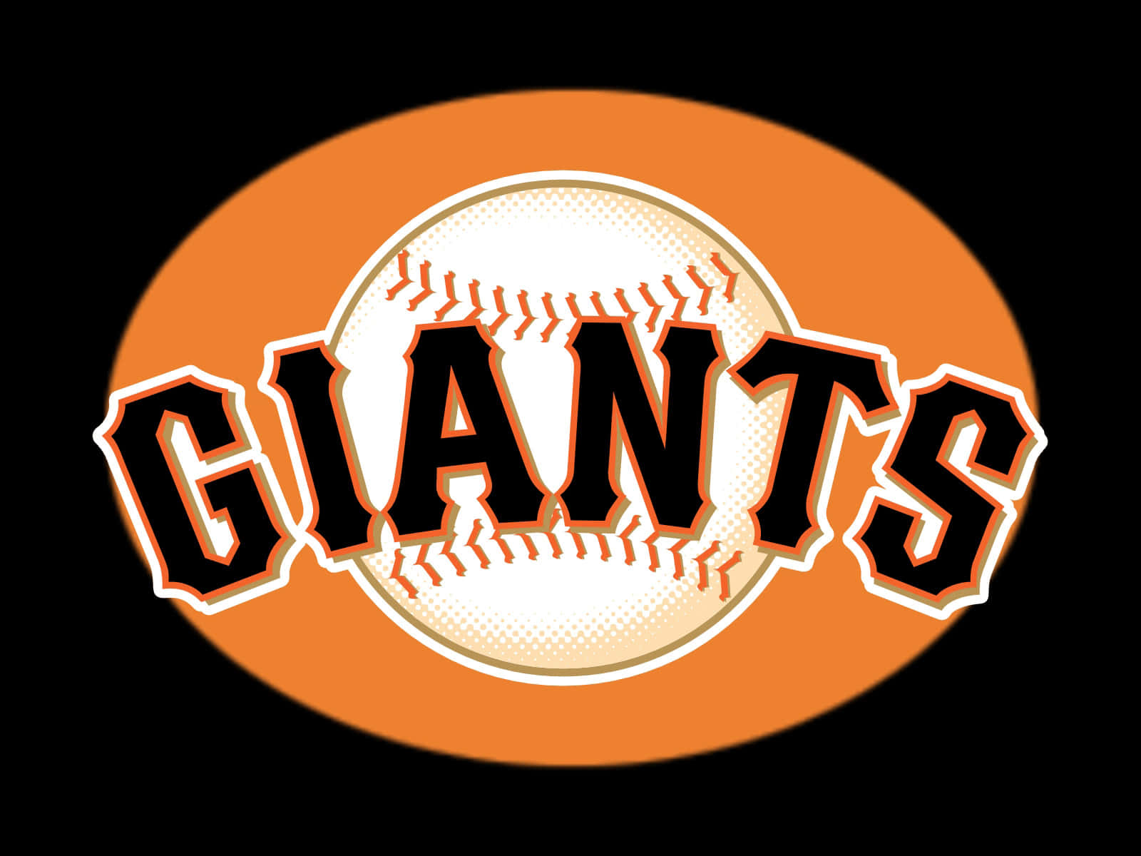標誌 桌布 壁紙 — 粗體黑色 'GIANTS' 文字在黑色背景上，拱形跨越一個帶有紅色縫線的白色棒球，襯托著鮮豔的橙色橢圓形。