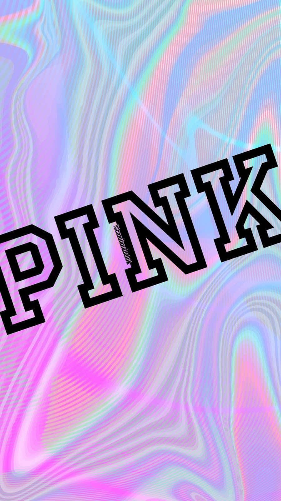 維多利亞的秘密 桌布 壁紙 — 粗體黑色 'PINK' 文字覆蓋在粉紅、紫色和青色調的漩渦虹彩背景上。