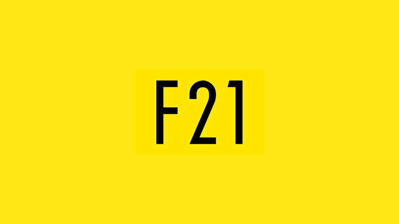 永遠21 桌布 壁紙 — 粗體黑色F21文字居中於鮮黃色背景上，帶有微妙陰影。